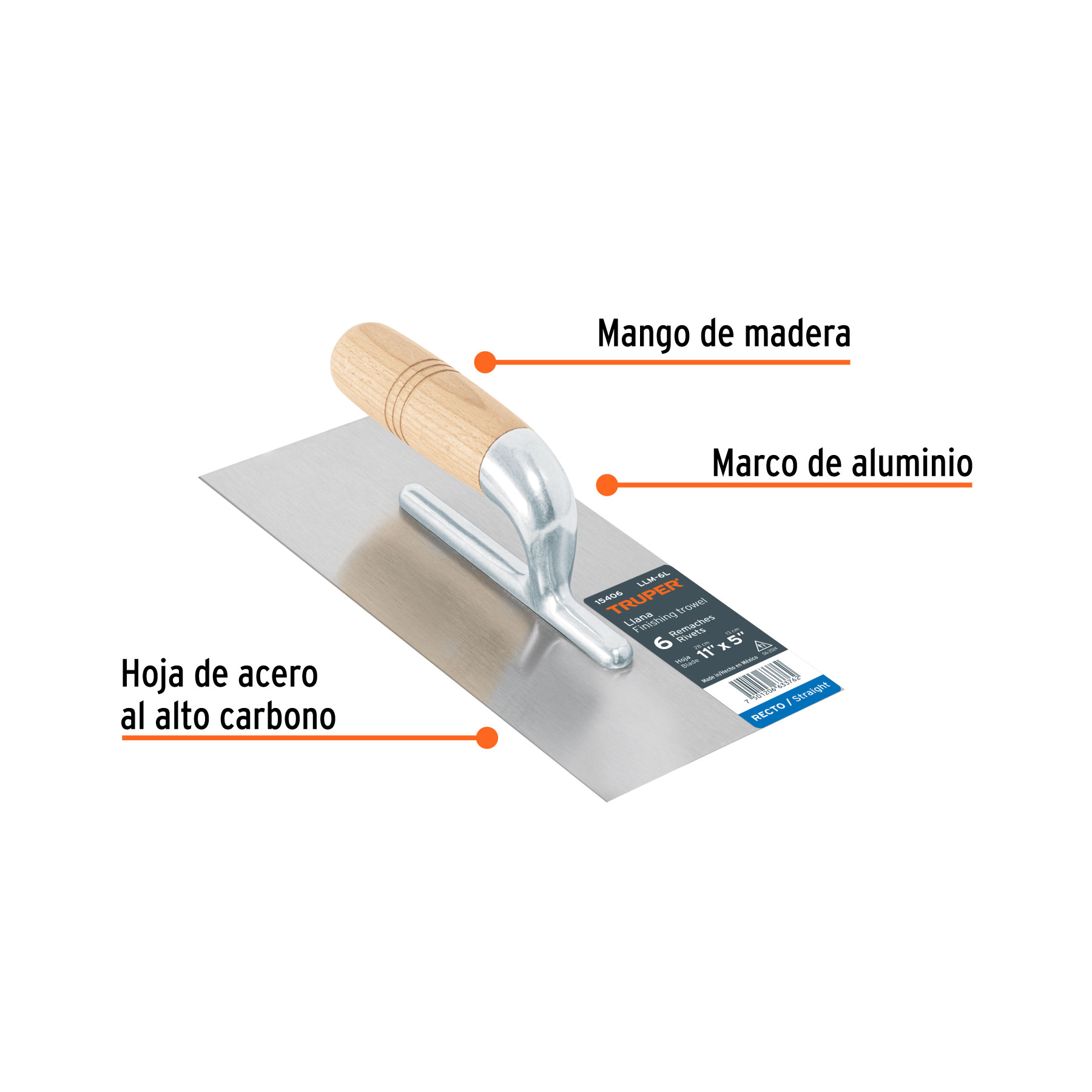 Llana 11" canto recto, 6 remaches, mango madera, TRUPER TRUPER