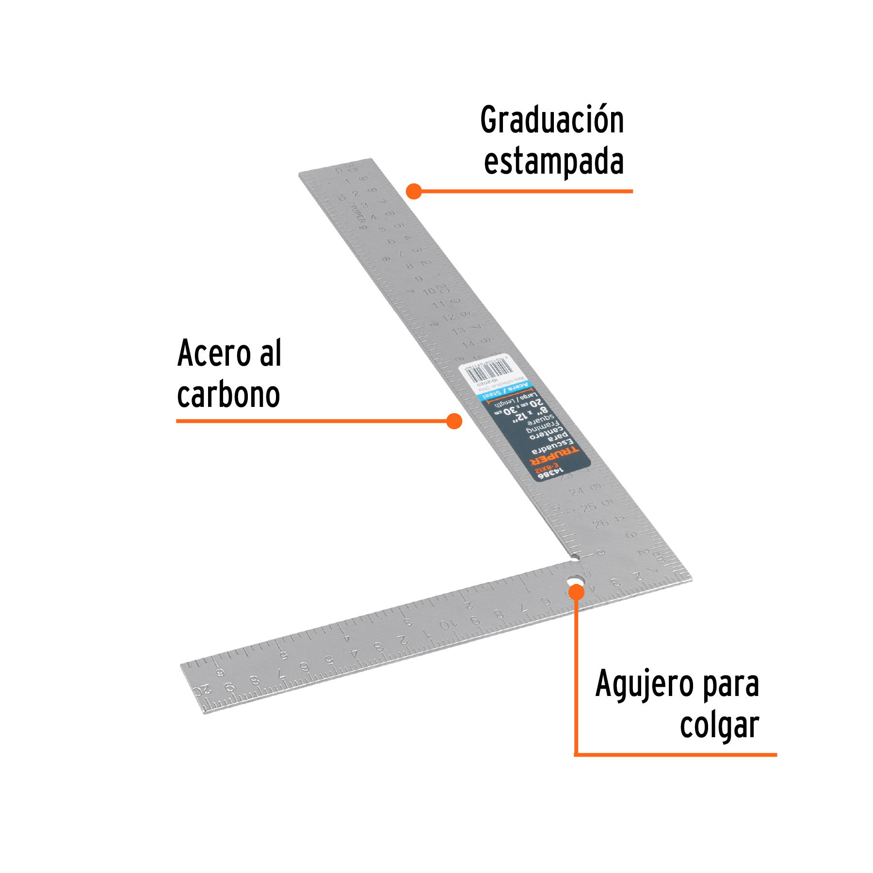 Escuadra 8"x12" de acero para cantero, TRUPER TRUPER