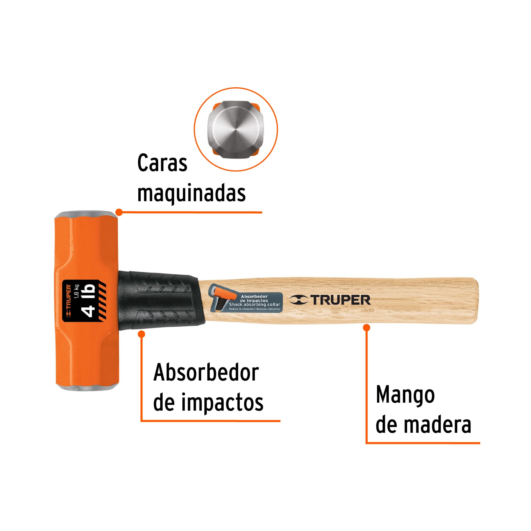Marro octagonal 4 lb, mango de madera 12", TRUPER TRUPER