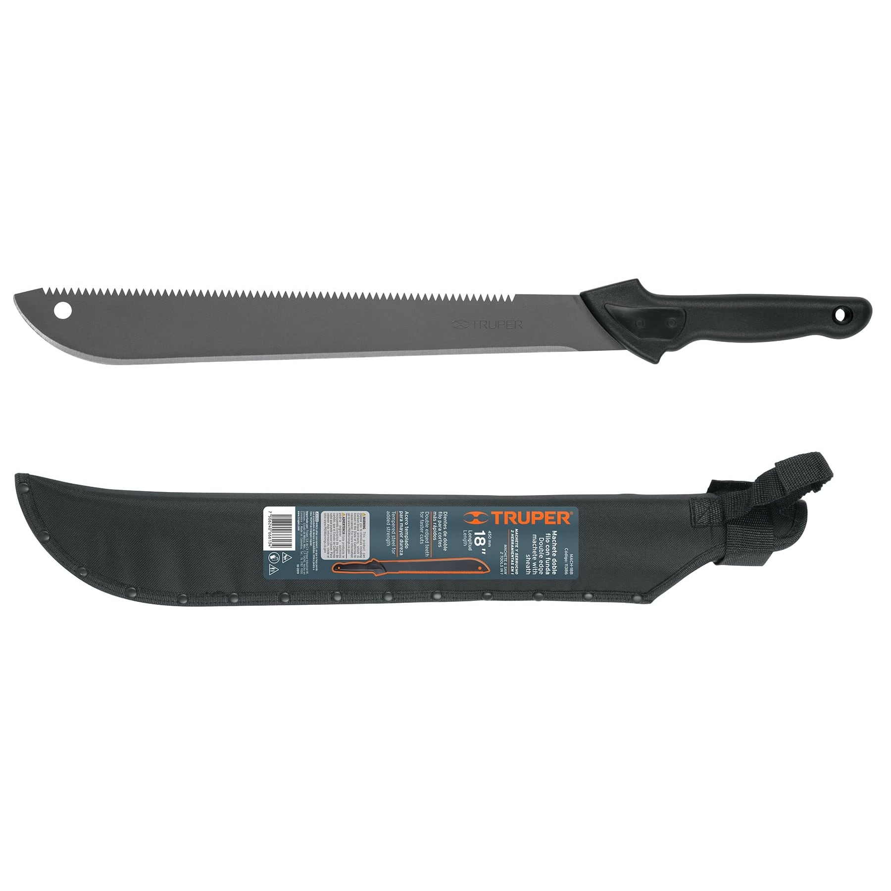 Machete doble filo 18" cacha inyectada, con funda, TRUPER TRUPER