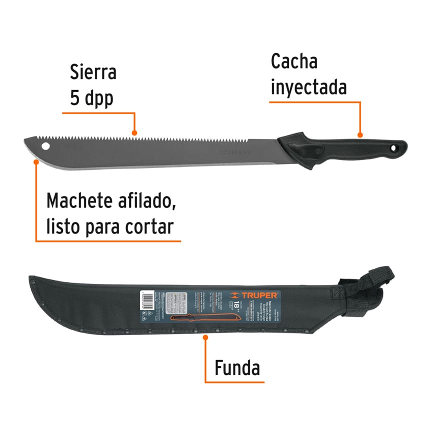 Machete doble filo 18" cacha inyectada, con funda, TRUPER TRUPER