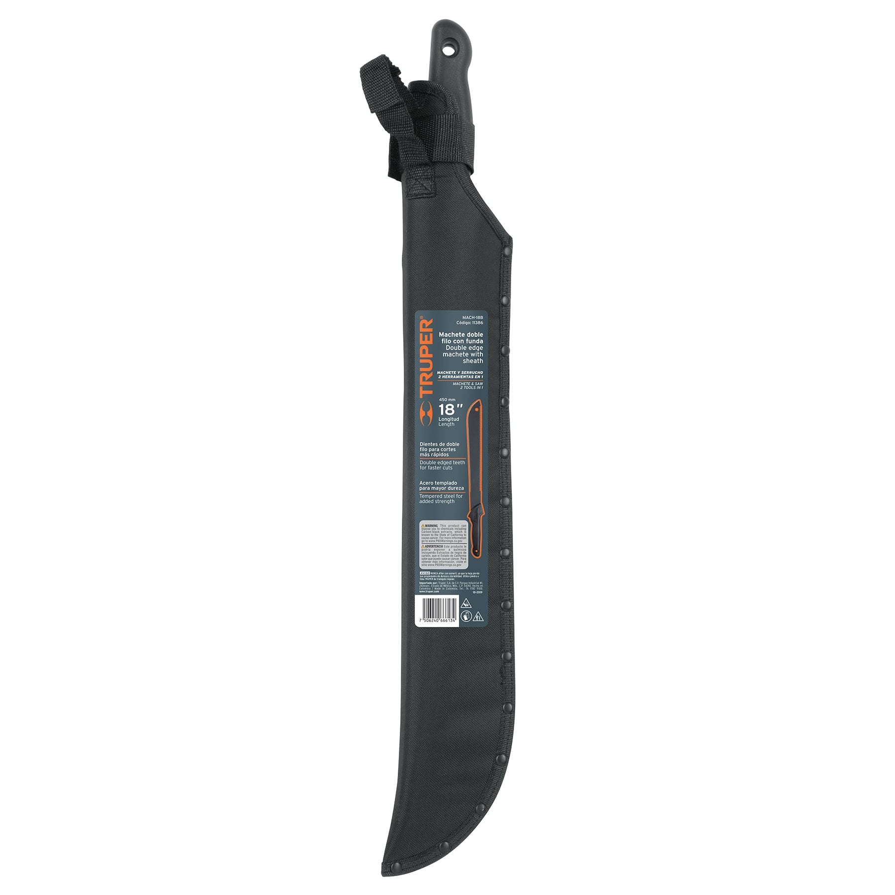 Machete doble filo 18" cacha inyectada, con funda, TRUPER TRUPER