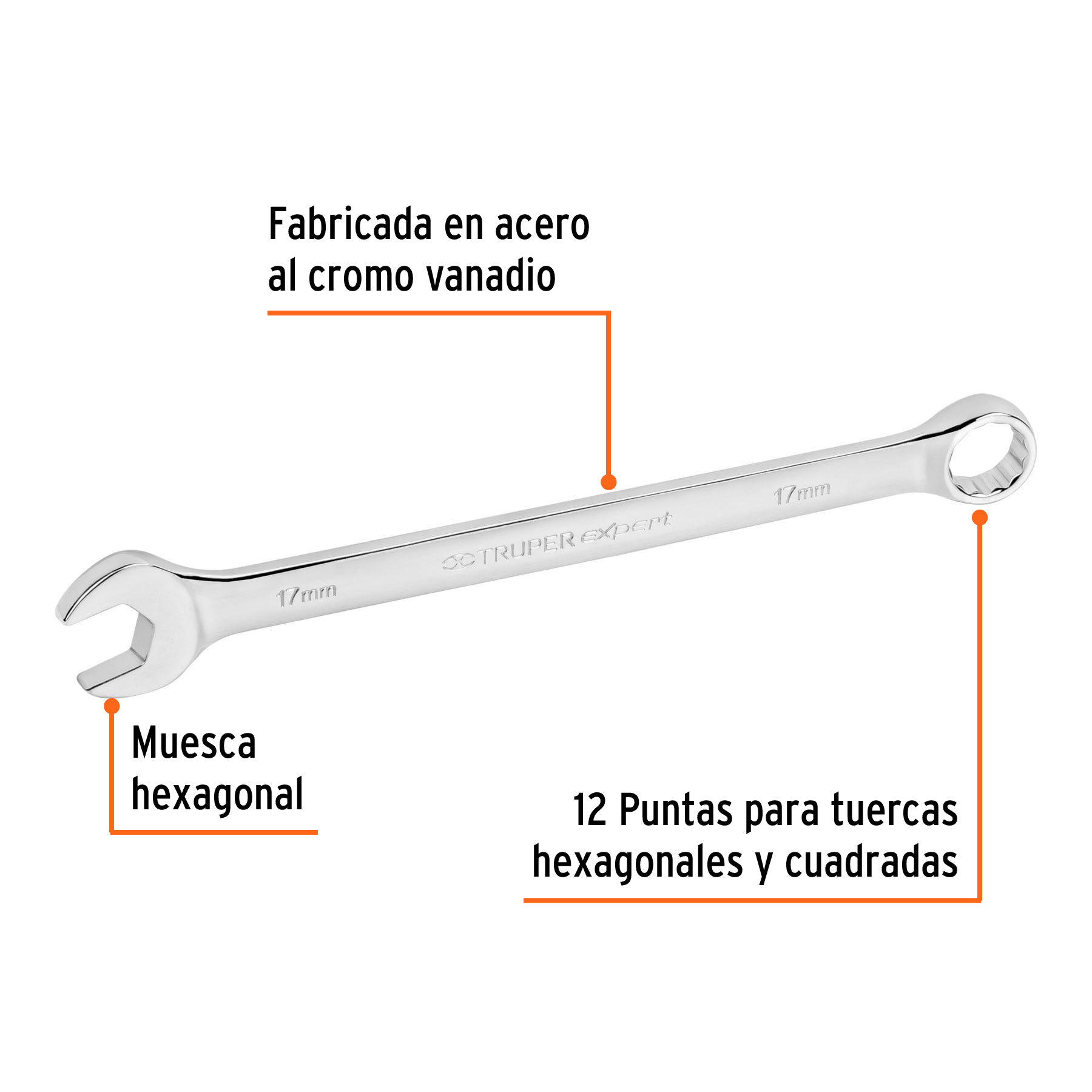 Llave combinada extralarga 17 mm x 259 mm de largo, EXPERT TRUPER