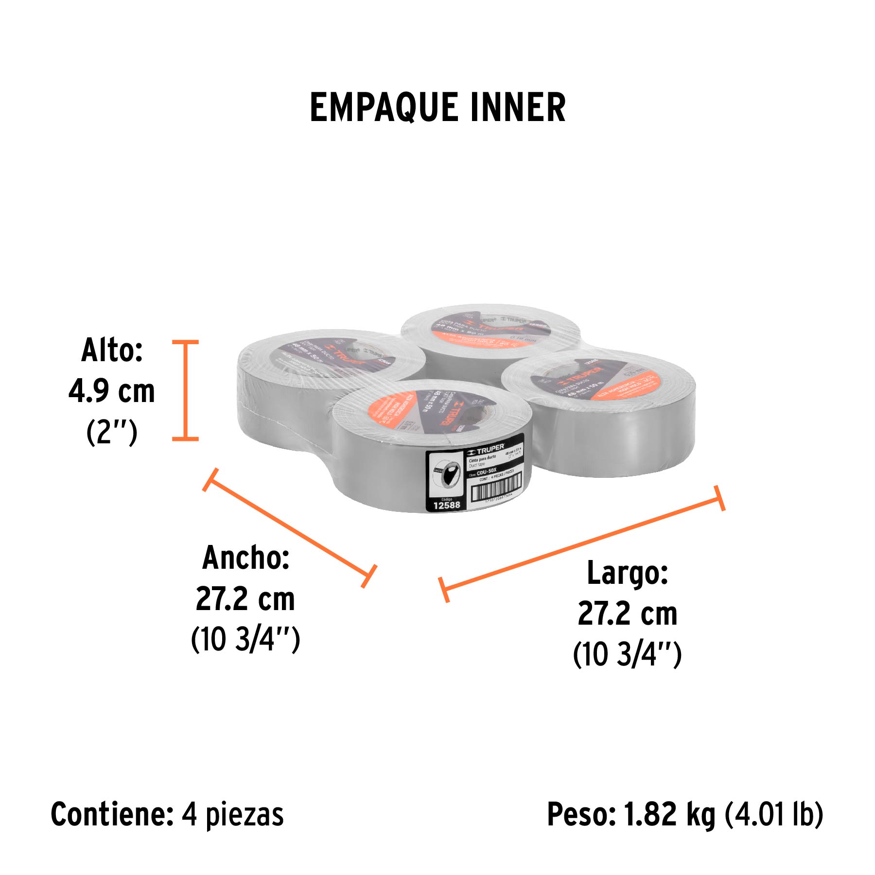 Cinta para ducto 50m x 48mm, espesor 0.19mm, TRUPER TRUPER