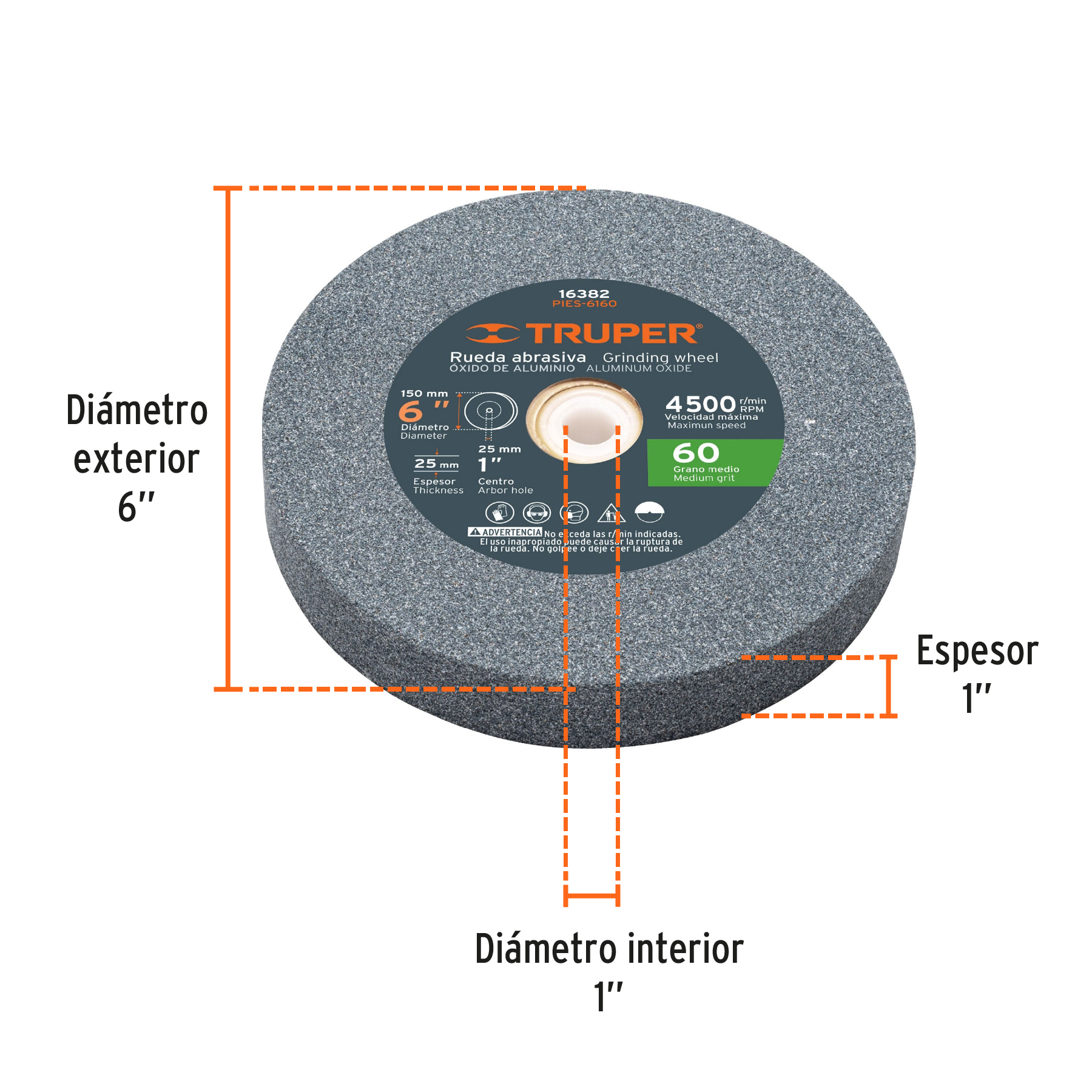 Rueda abrasiva p/esmeril 6"x25mm, óxido aluminio, grano 60 TRUPER