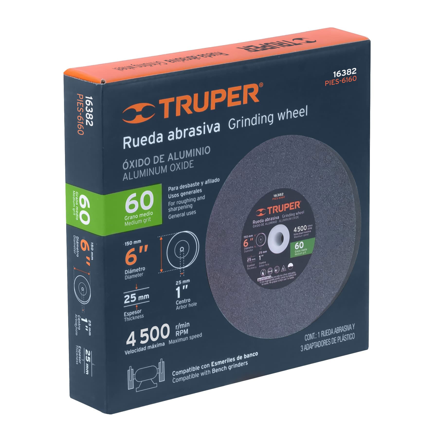 Rueda abrasiva p/esmeril 6"x25mm, óxido aluminio, grano 60 TRUPER
