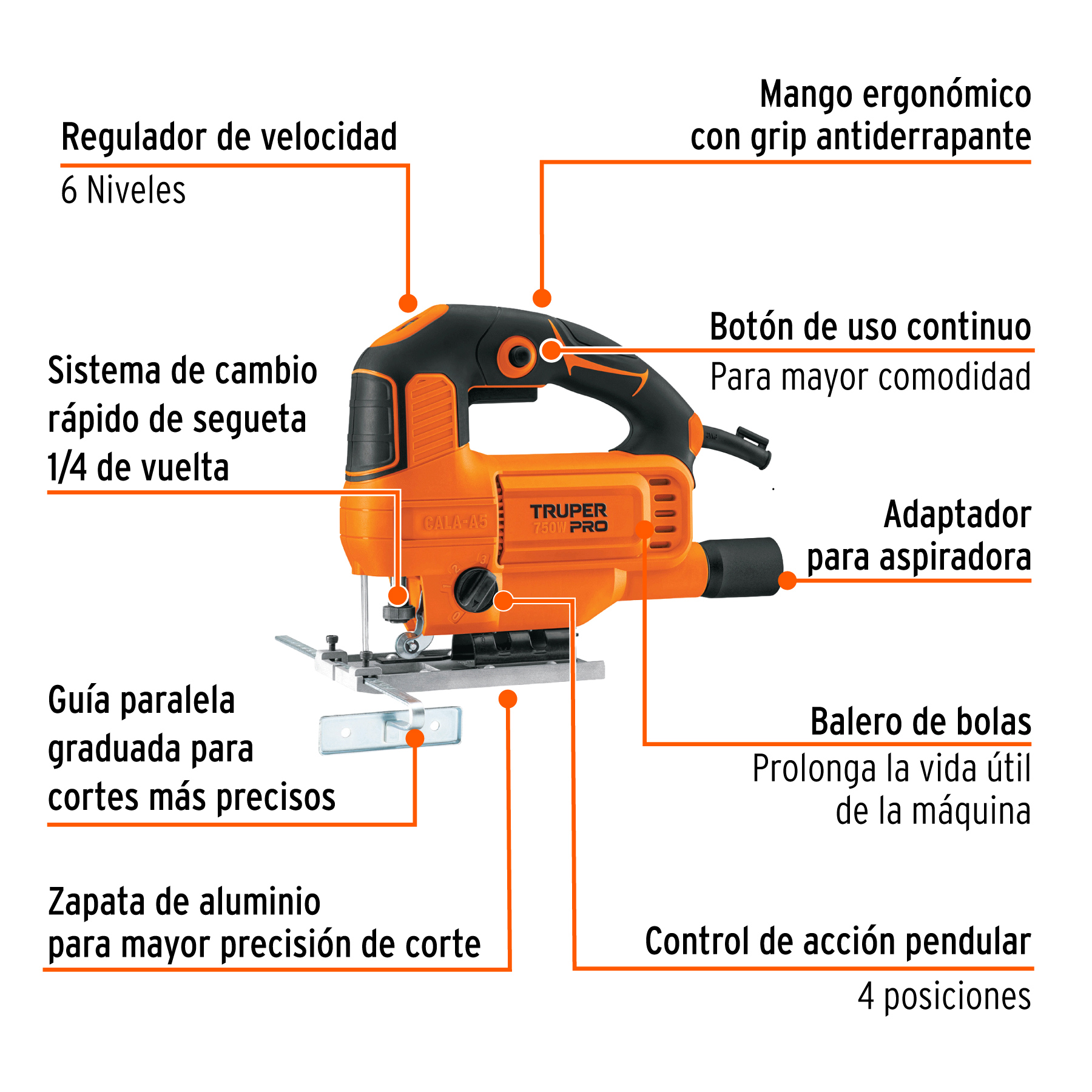 Sierra caladora de velocidad variable de 750 W, TRUPER PRO TRUPER