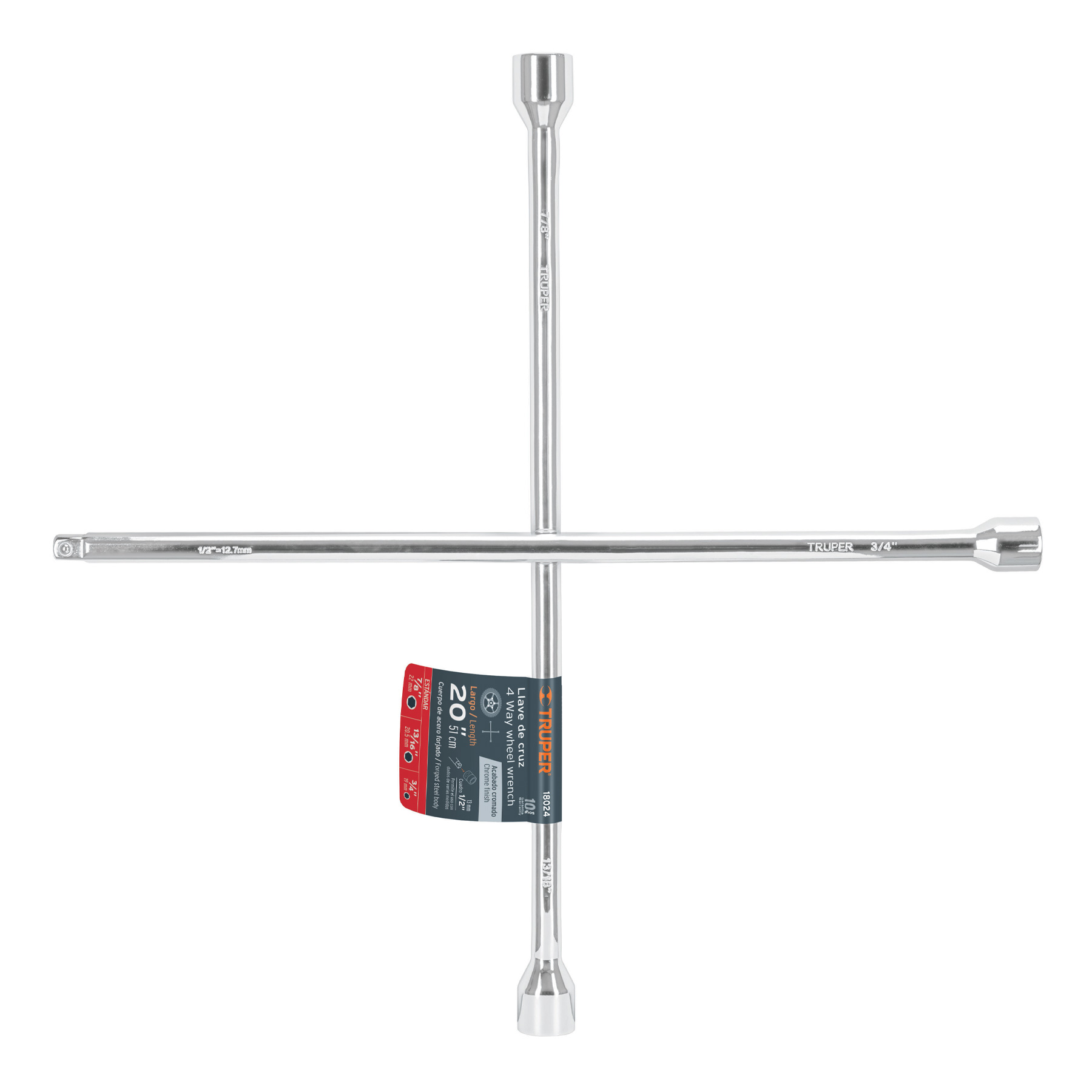 Llave de cruz 20" pulida y cromada con entrada cuadro 1/2" TRUPER