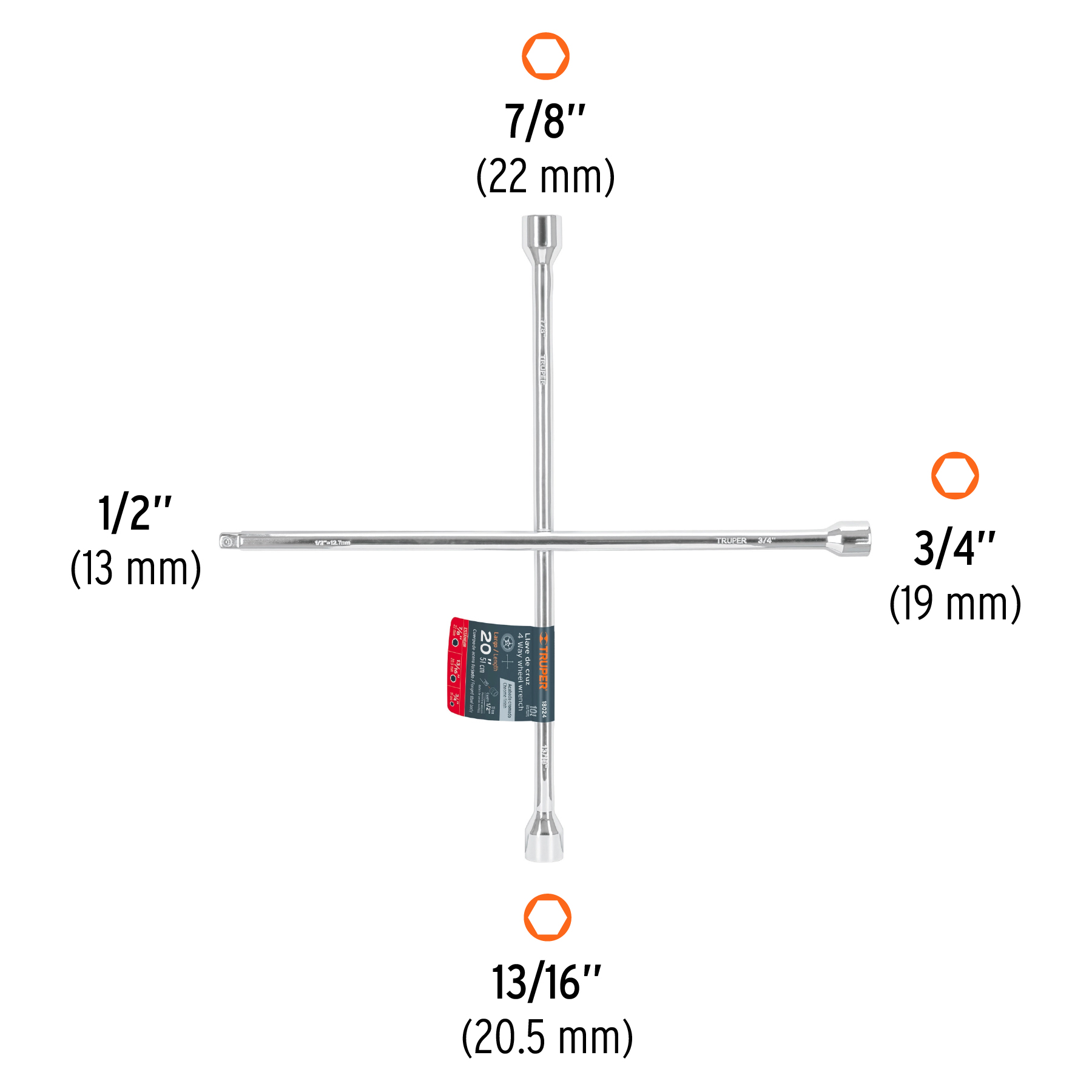 Llave de cruz 20" pulida y cromada con entrada cuadro 1/2" TRUPER
