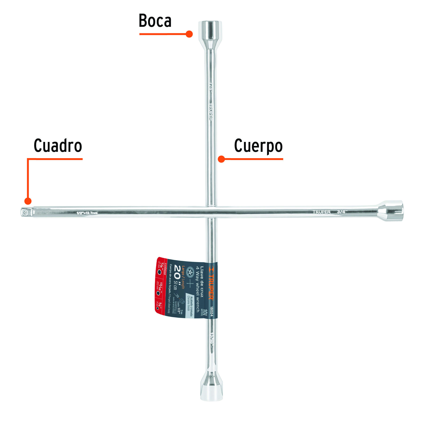 Llave de cruz 20" pulida y cromada con entrada cuadro 1/2" TRUPER