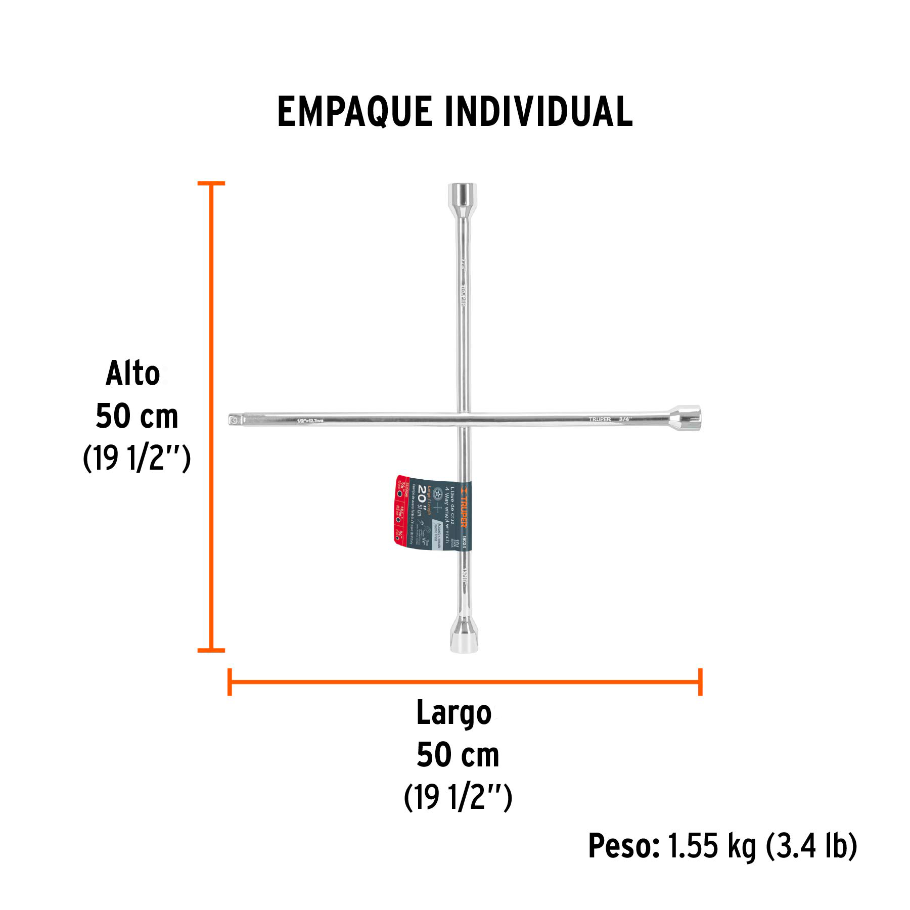 Llave de cruz 20" pulida y cromada con entrada cuadro 1/2" TRUPER