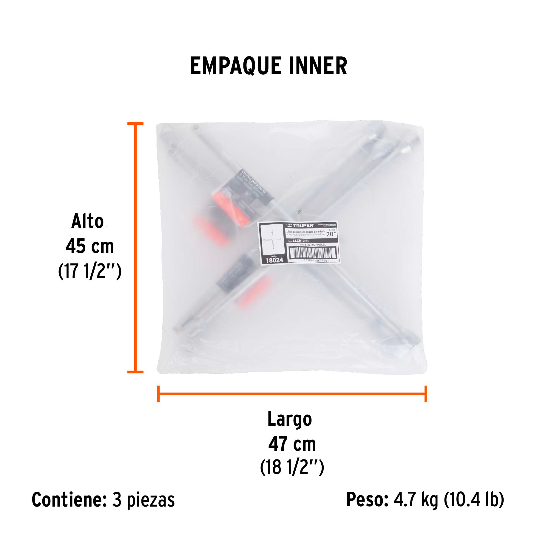 Llave de cruz 20" pulida y cromada con entrada cuadro 1/2" TRUPER