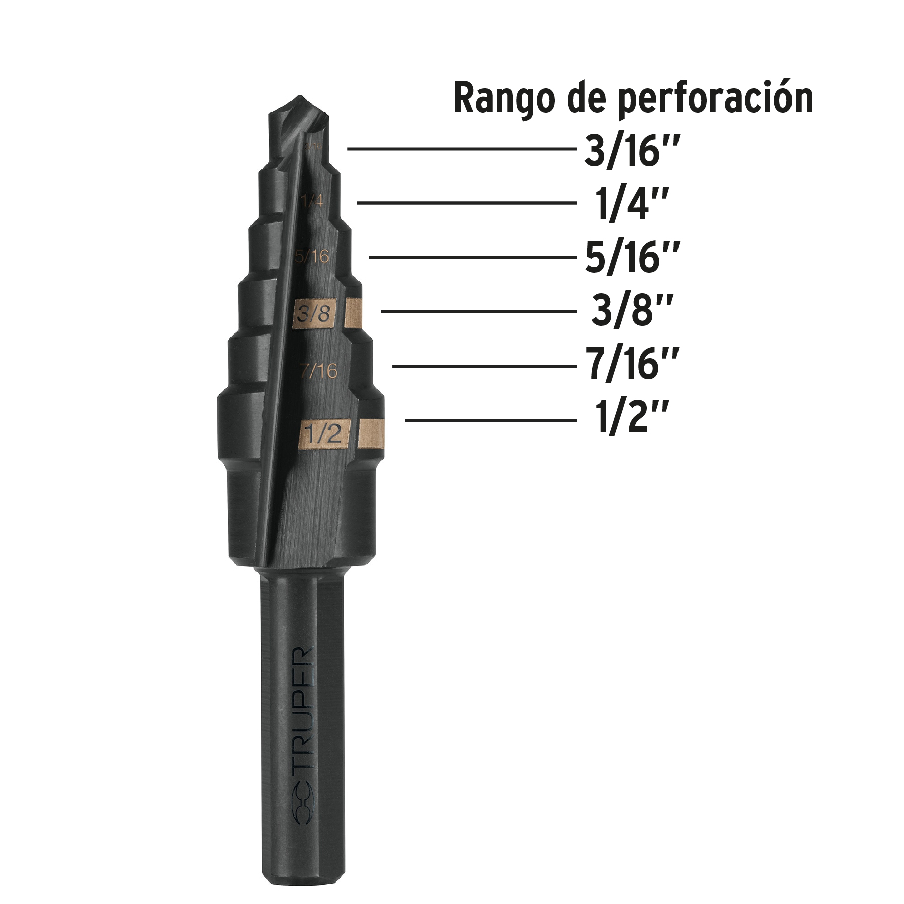 Broca escalonada óxido negro 6 escalones 3/16" a 1/2",Truper TRUPER