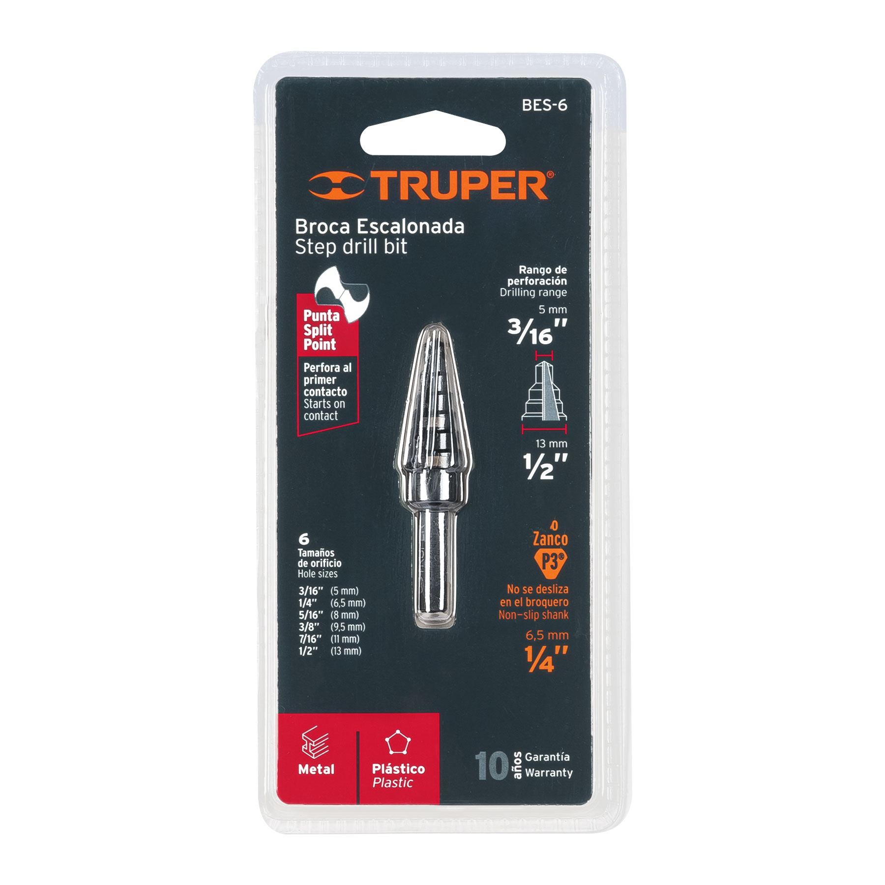 Broca escalonada óxido negro 6 escalones 3/16" a 1/2",Truper TRUPER