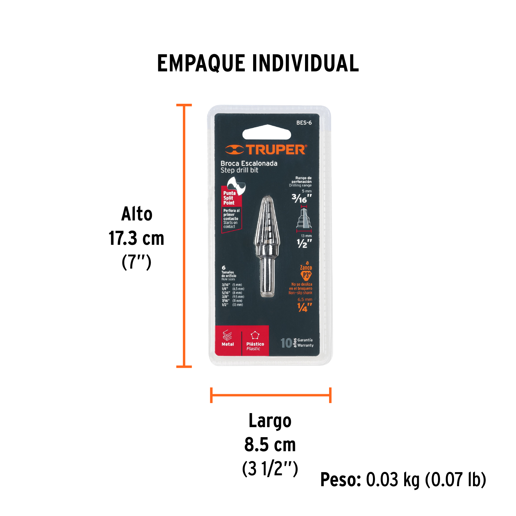 Broca escalonada óxido negro 6 escalones 3/16" a 1/2",Truper TRUPER