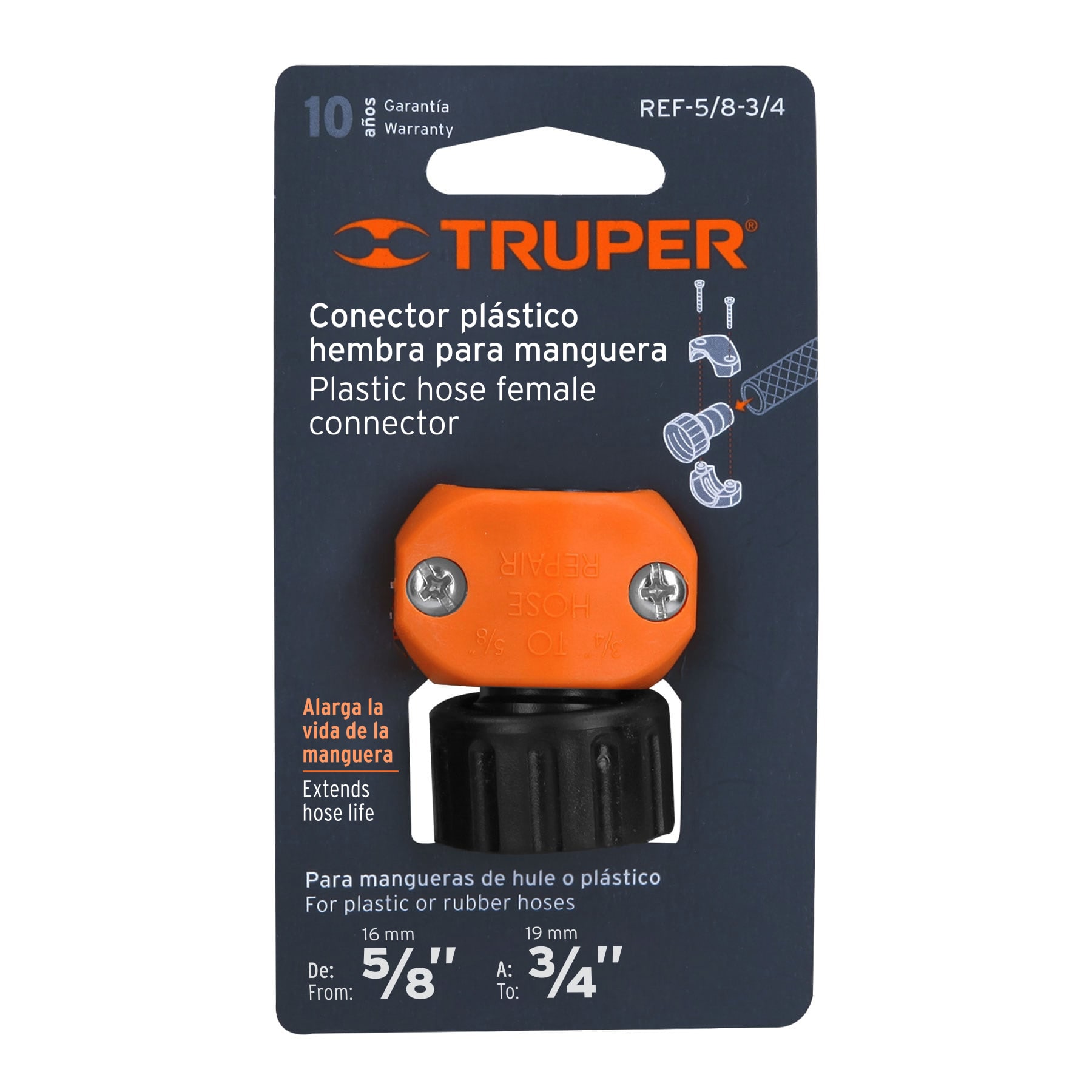 Conector 5/8"-3/4" hembra de ABS para manguera, TRUPER TRUPER