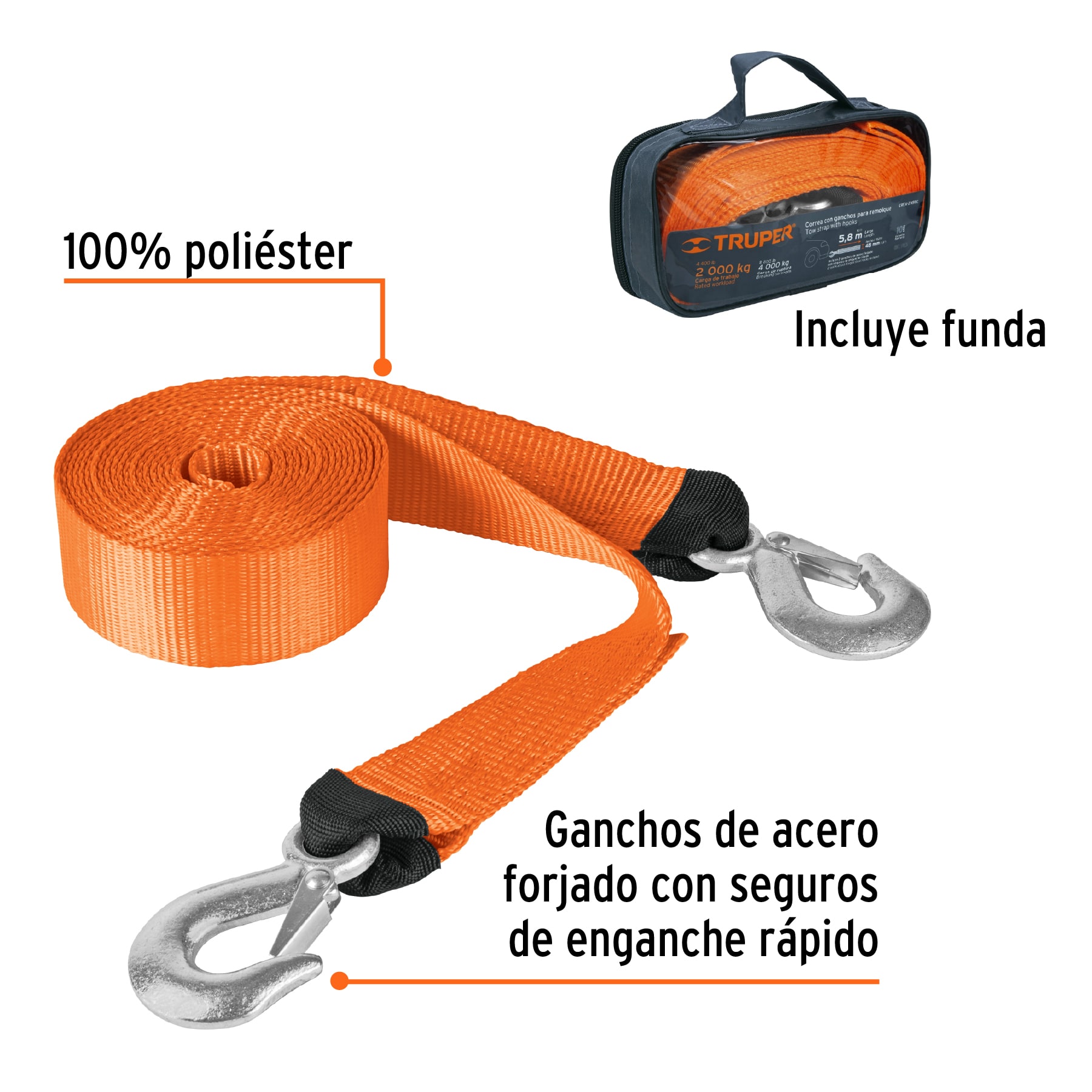 Correa con ganchos para remolque, 48 mm x 5.8 m, TRUPER TRUPER