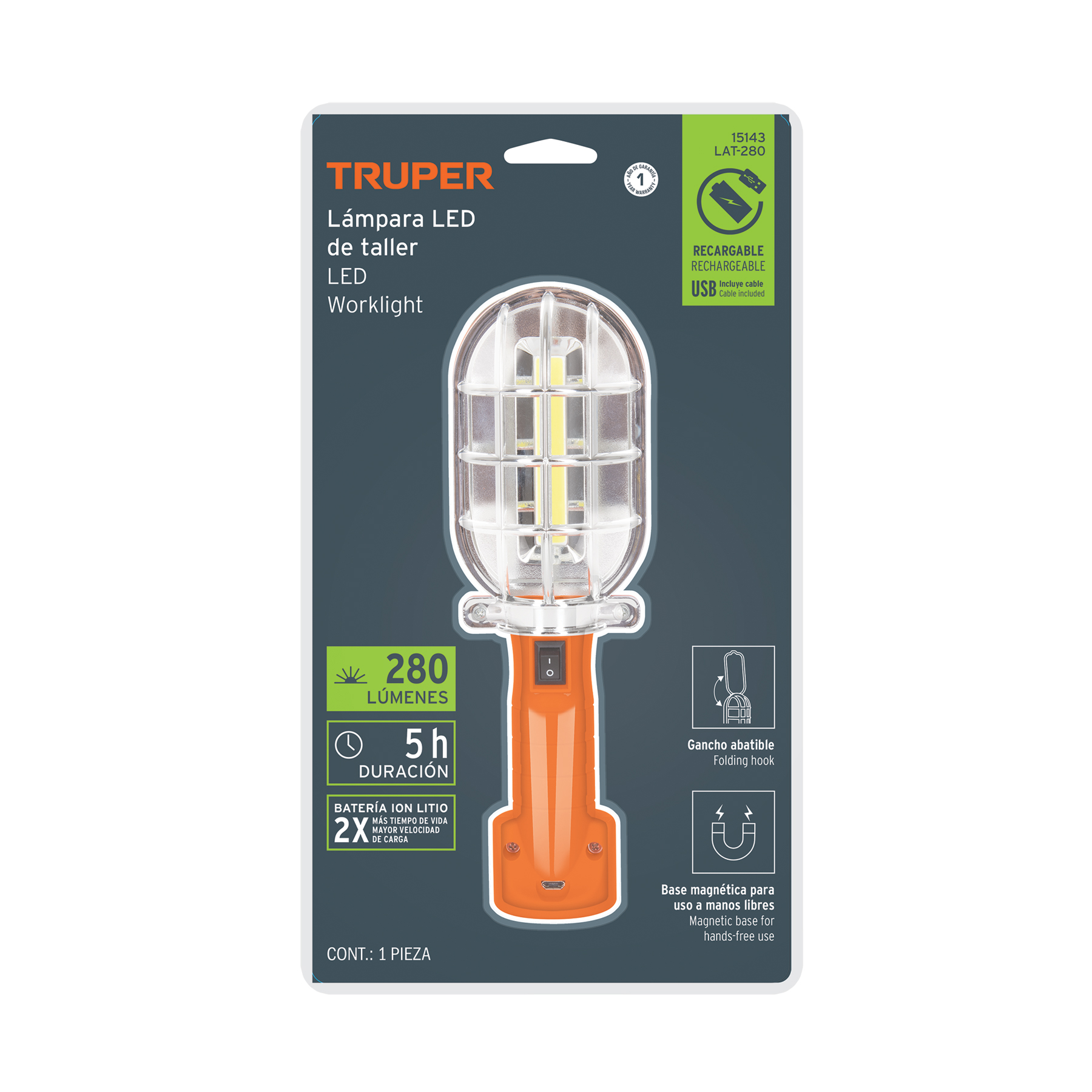 Lámpara LED 280 lm de taller, recargable, TRUPER TRUPER