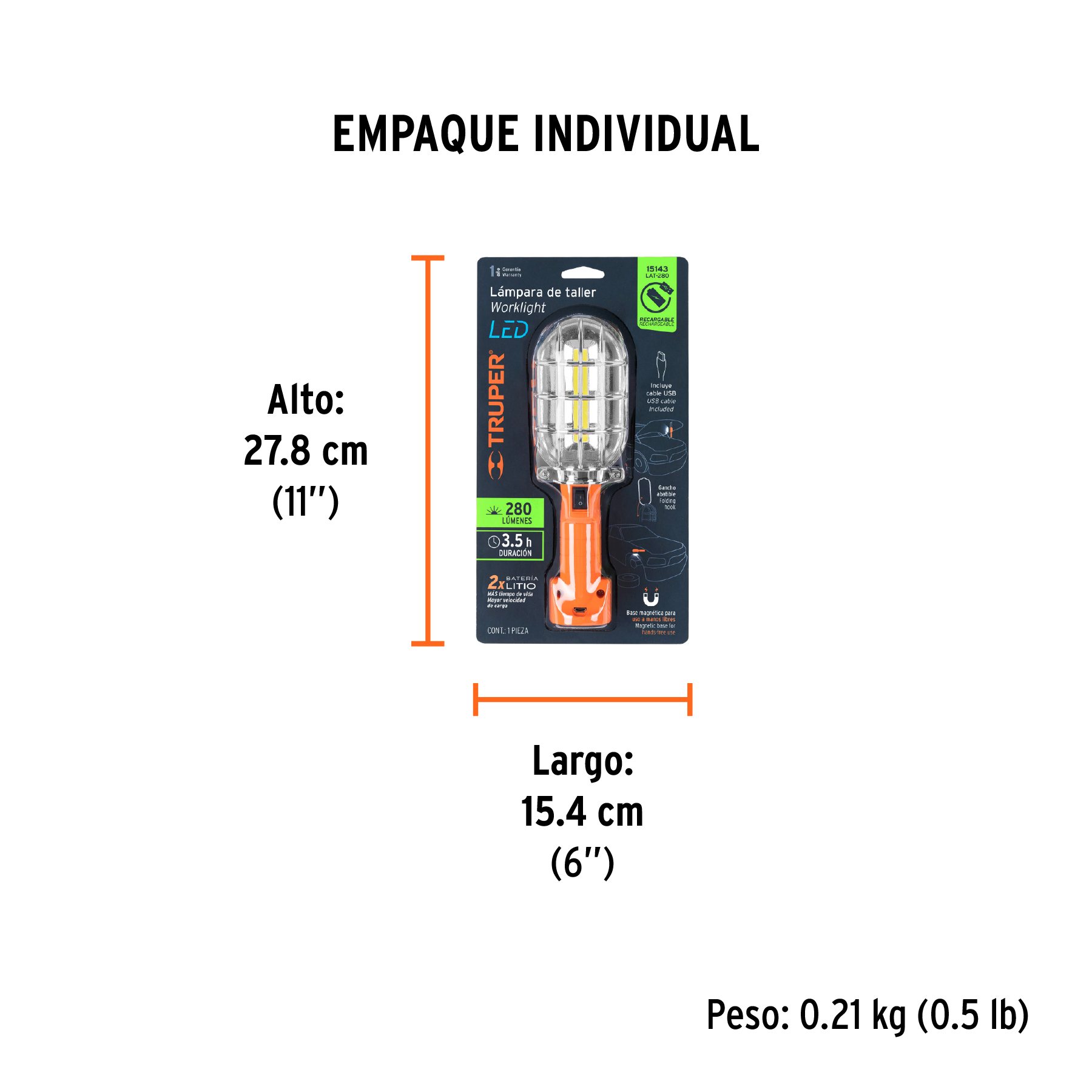 Lámpara LED 280 lm de taller, recargable, TRUPER TRUPER