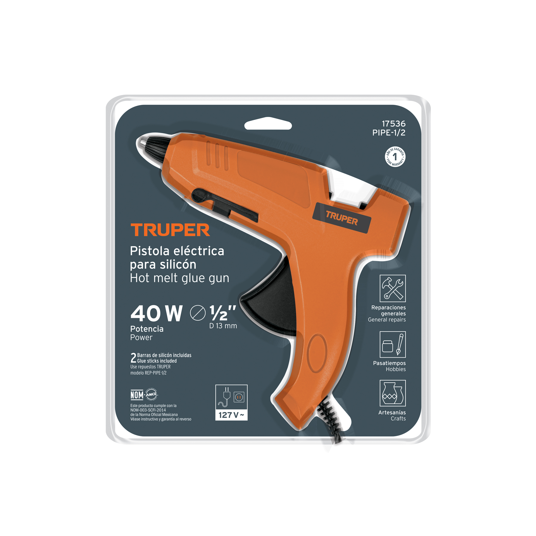 Pistola eléctrica de 40W para silicón de 1/2", 127V, TRUPER TRUPER