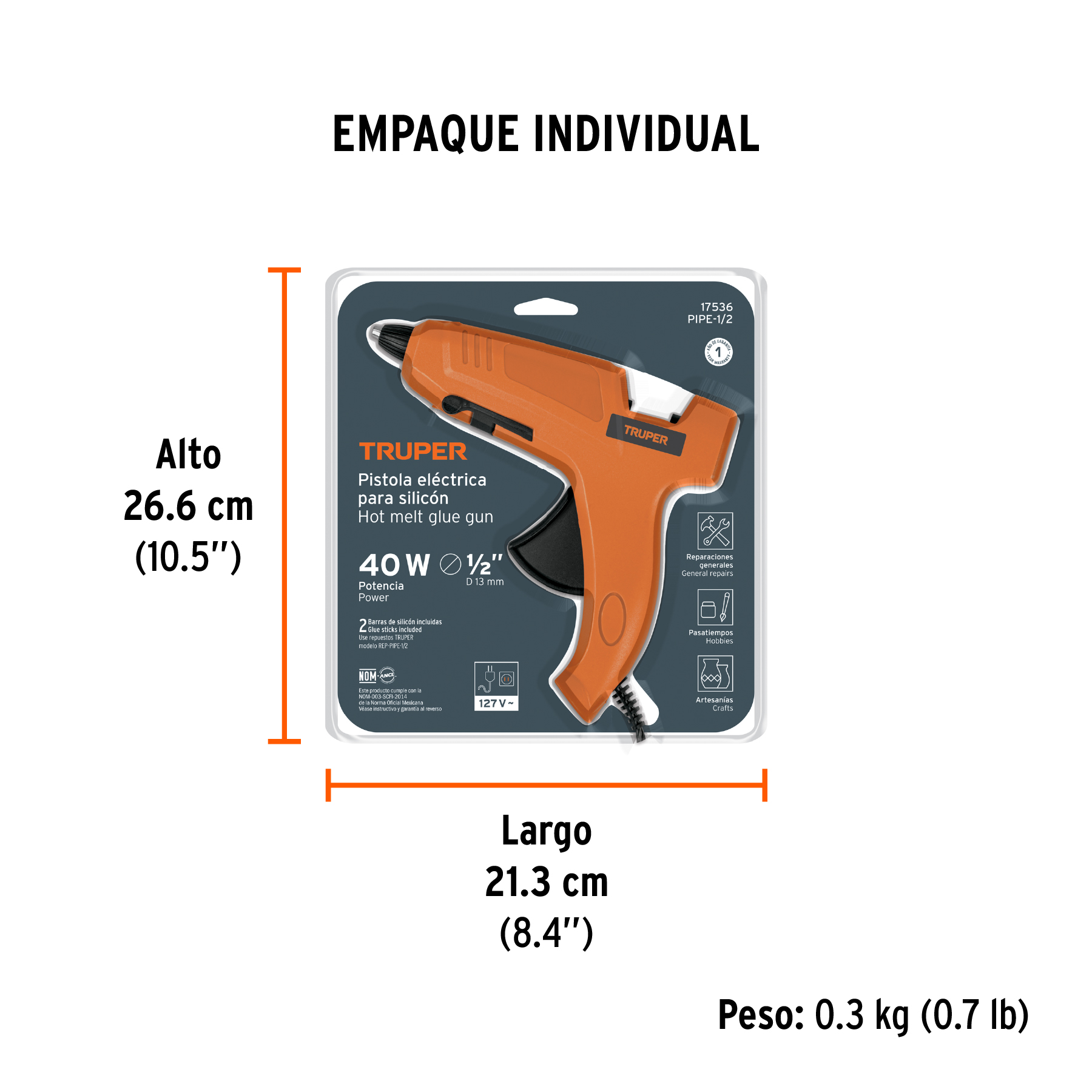 Pistola eléctrica de 40W para silicón de 1/2", 127V, TRUPER TRUPER