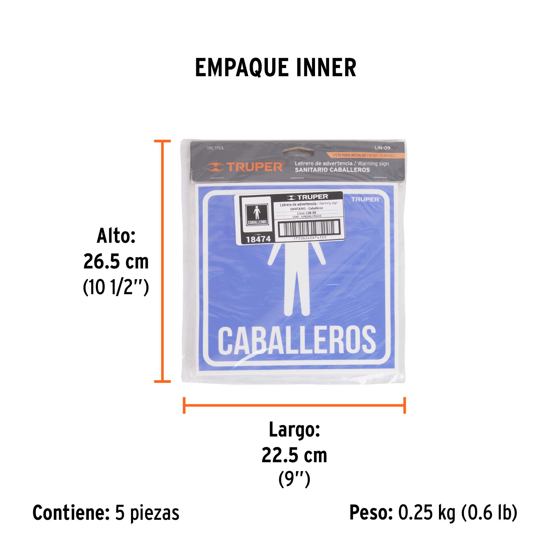 Letrero de señalización "CABALLEROS", 19 x 19 cm, TRUPER TRUPER