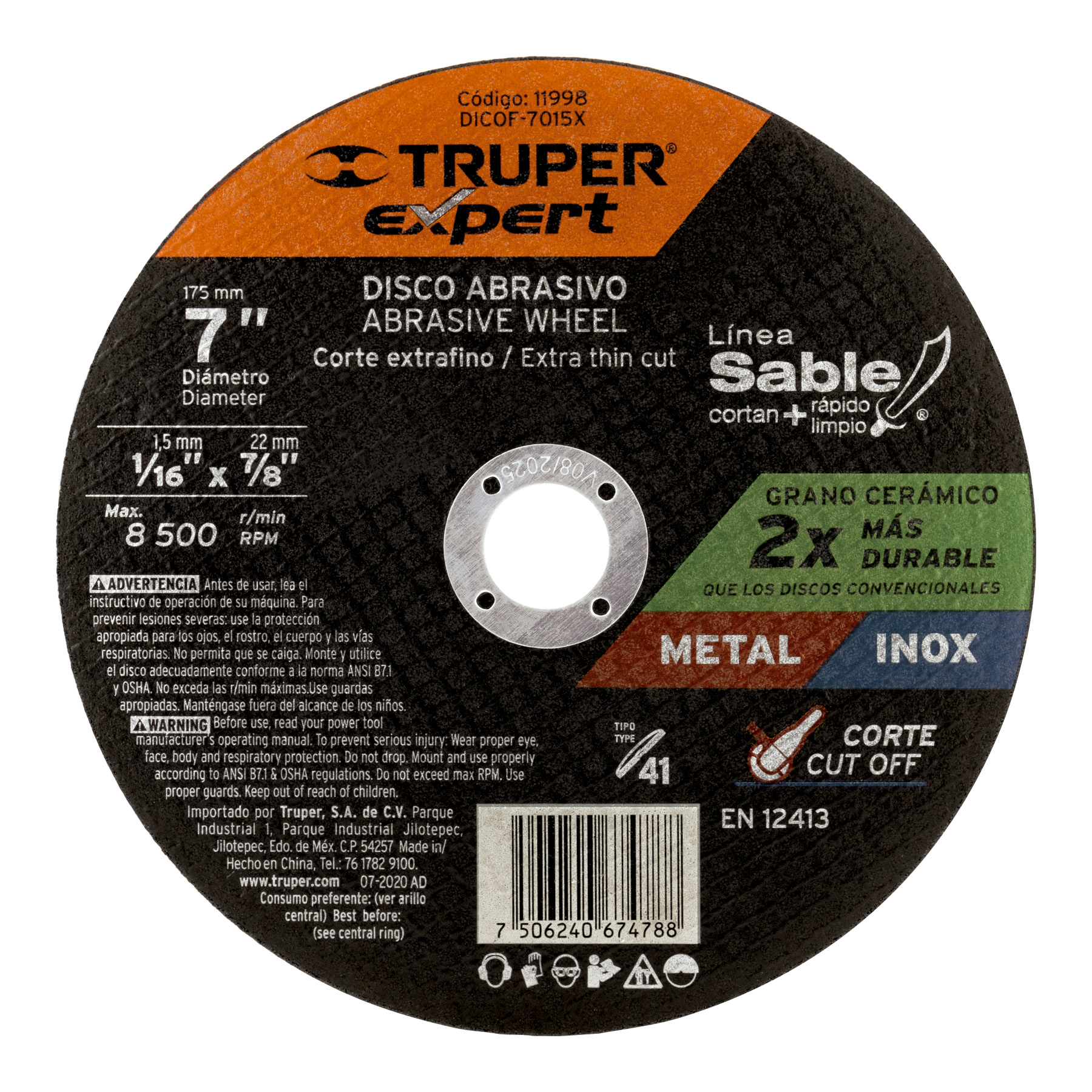 Disco abrasivo de corte preciso metal 7" x 1.5 mm, EXPERT TRUPER