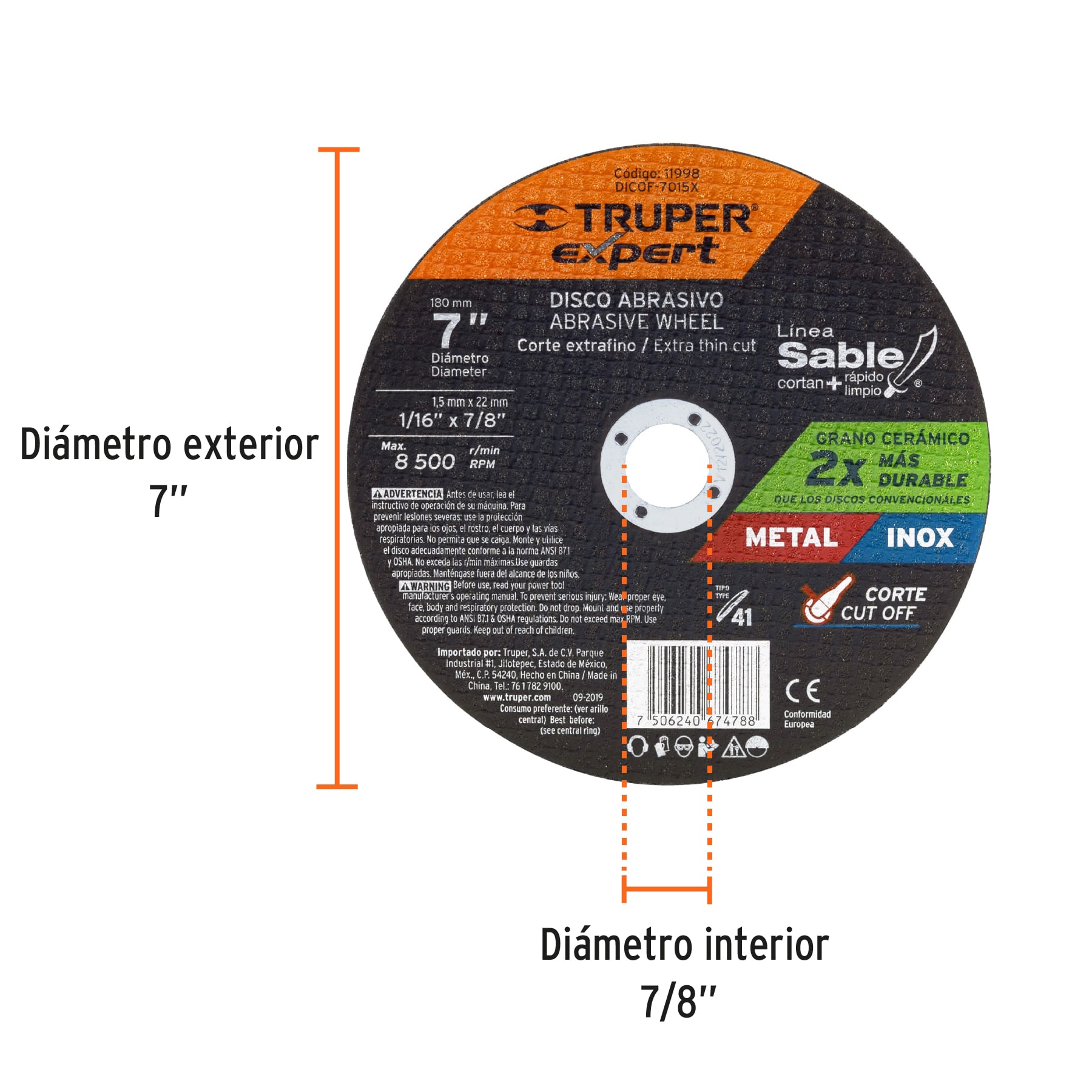 Disco abrasivo de corte preciso metal 7" x 1.5 mm, EXPERT TRUPER