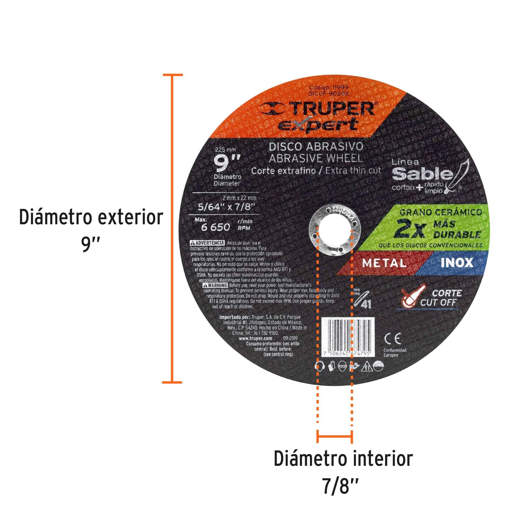 Disco abrasivo de corte preciso metal 9" x 2 mm, EXPERT TRUPER