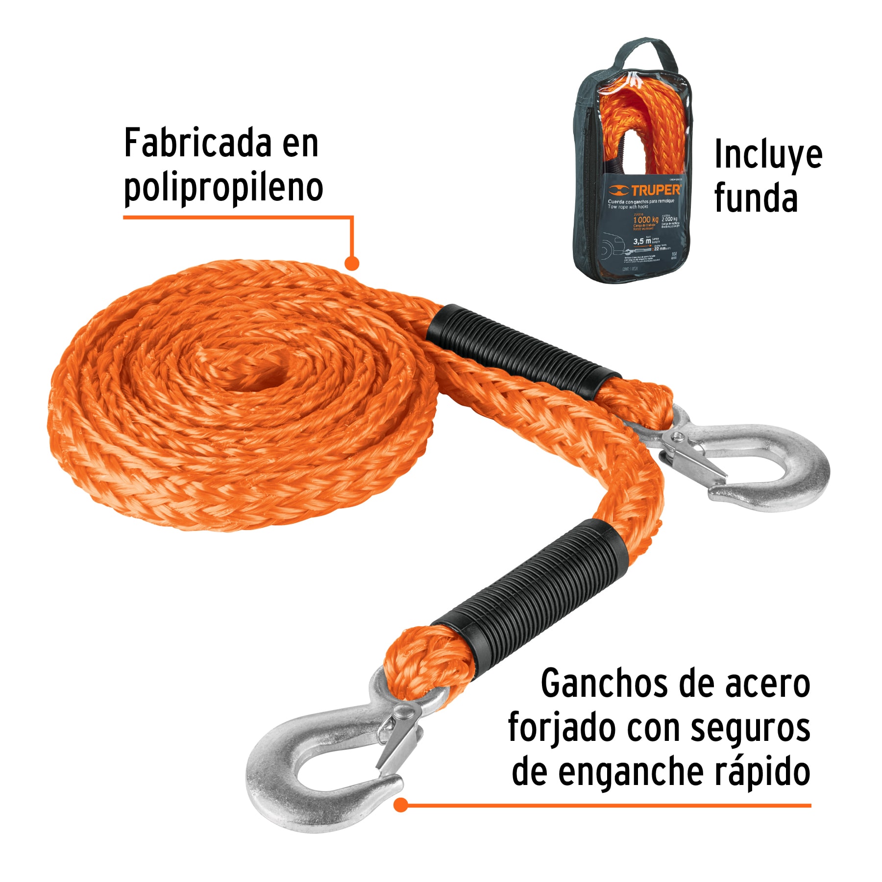 Cuerda con ganchos para remolque, 22 mm x 3.5 m, TRUPER TRUPER