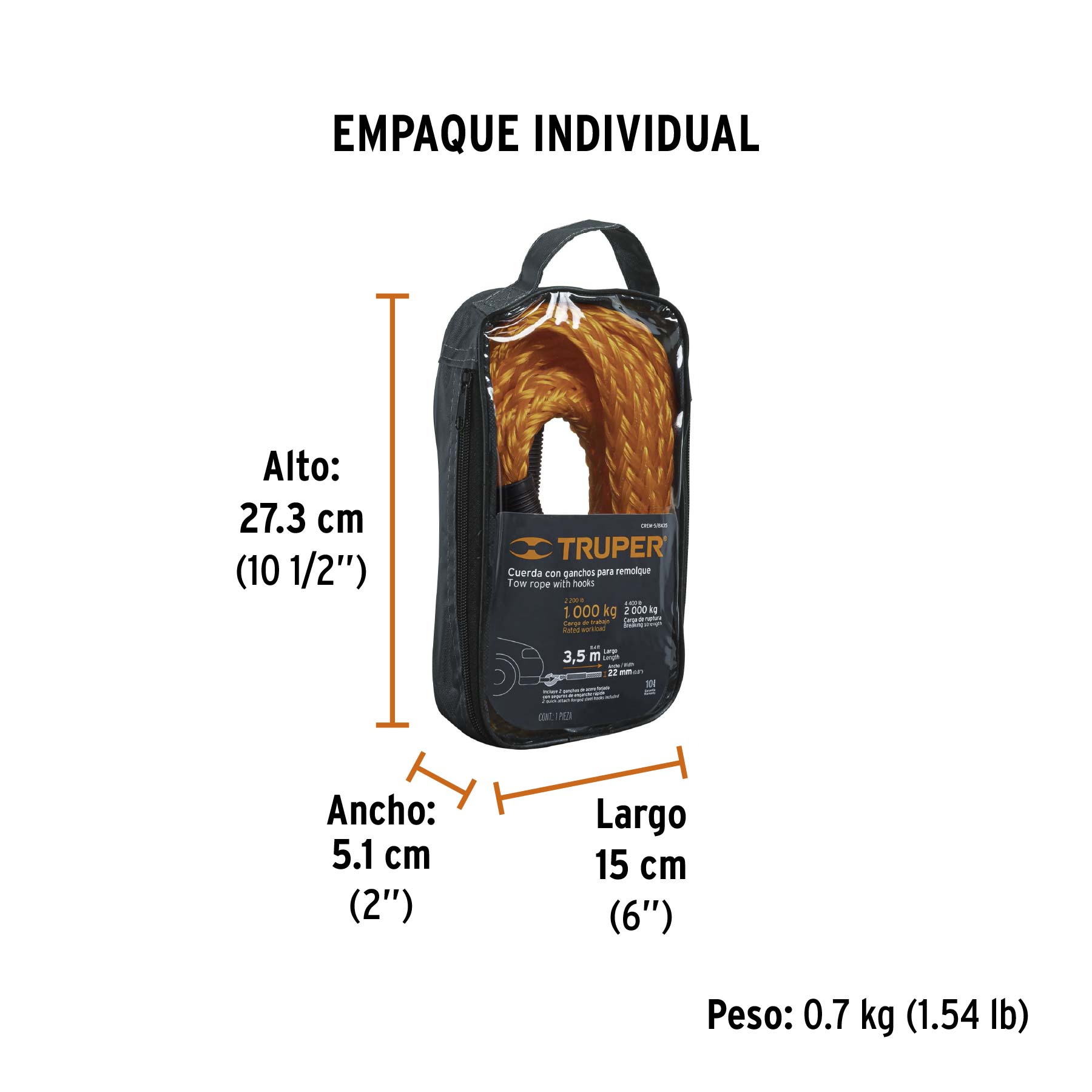Cuerda con ganchos para remolque, 22 mm x 3.5 m, TRUPER TRUPER