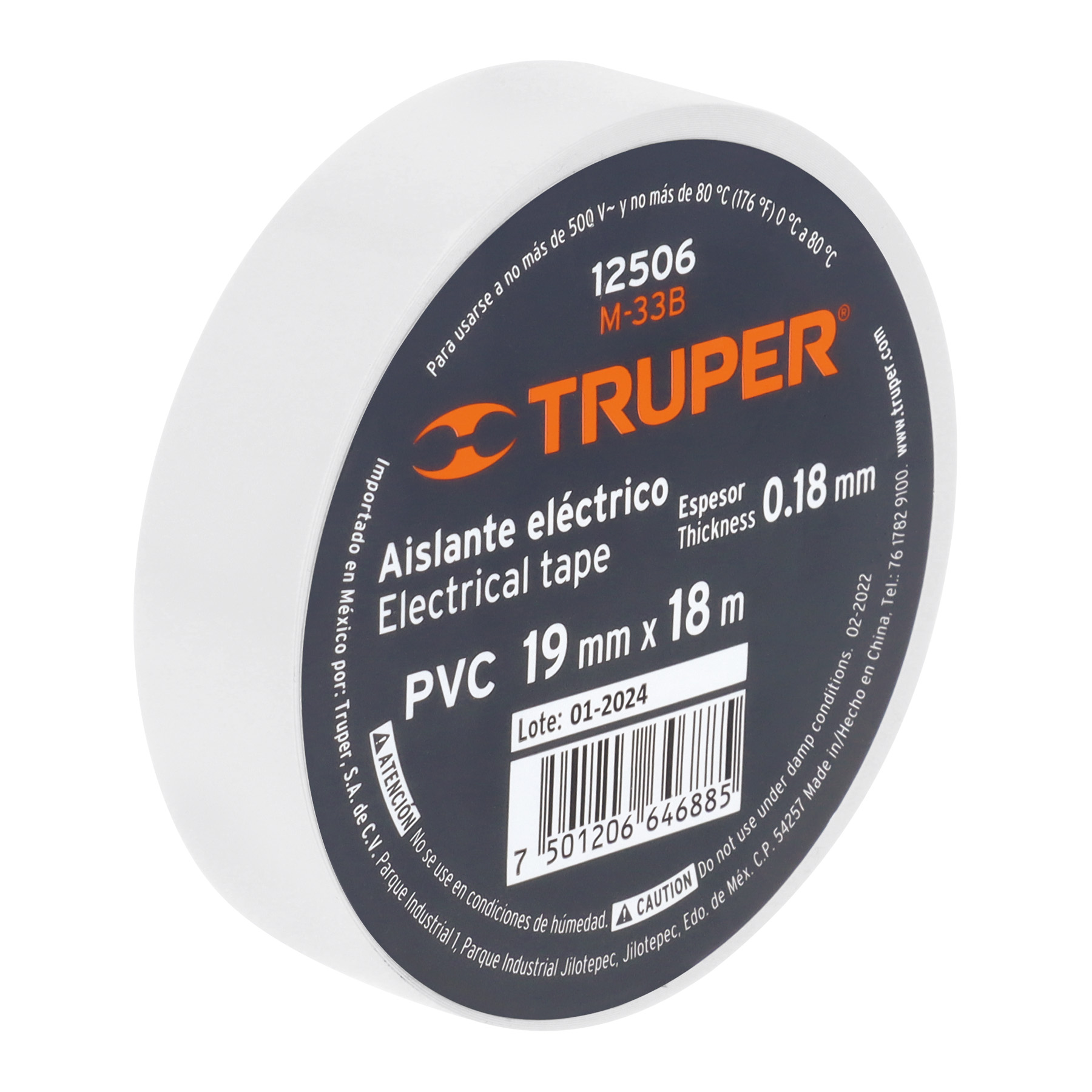Cinta de aislar de 18 m x 19 mm, blanca, TRUPER TRUPER