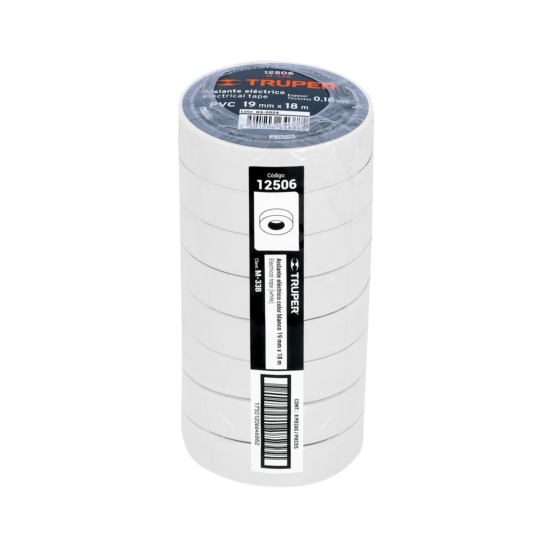 Cinta de aislar de 18 m x 19 mm, blanca, TRUPER TRUPER