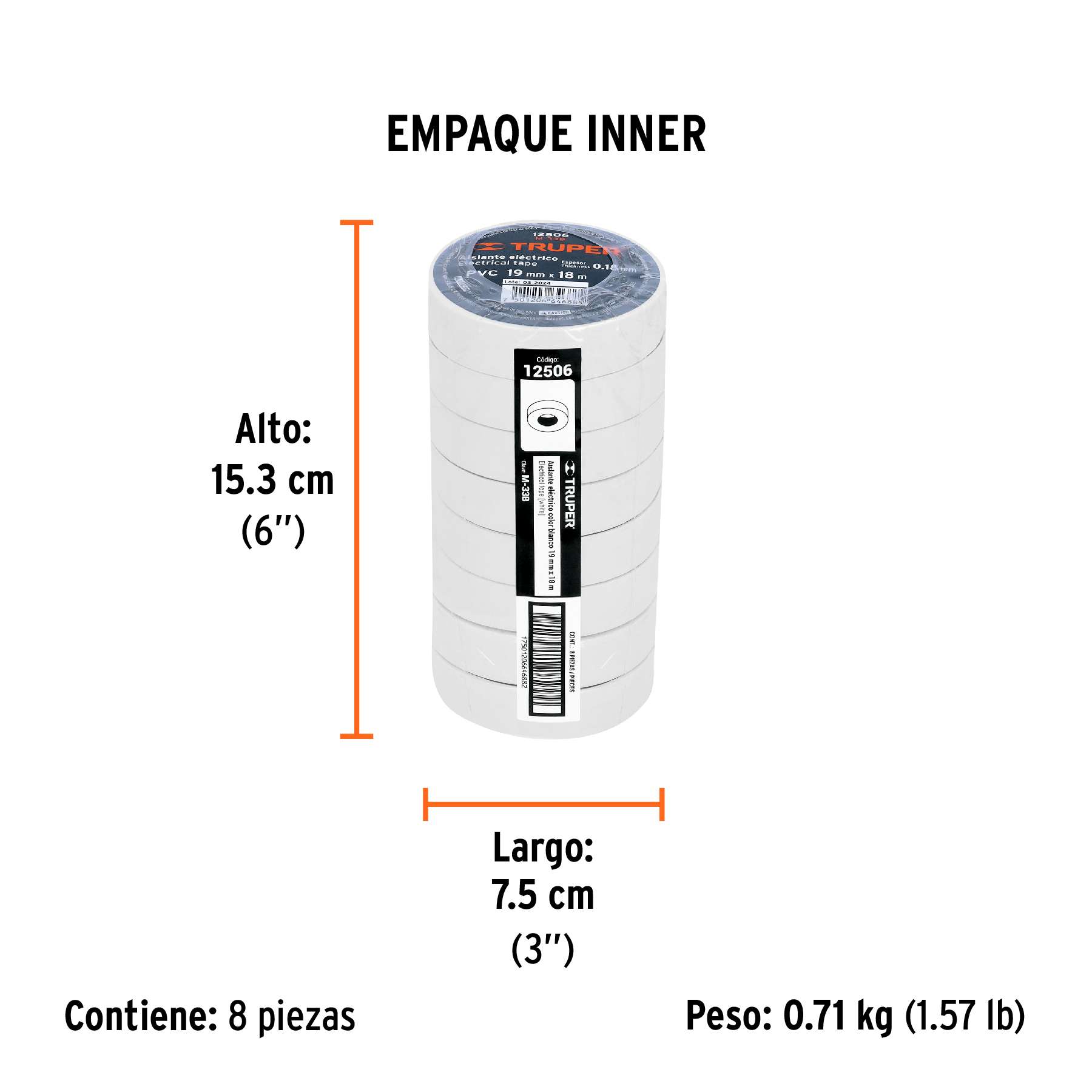 Cinta de aislar de 18 m x 19 mm, blanca, TRUPER TRUPER