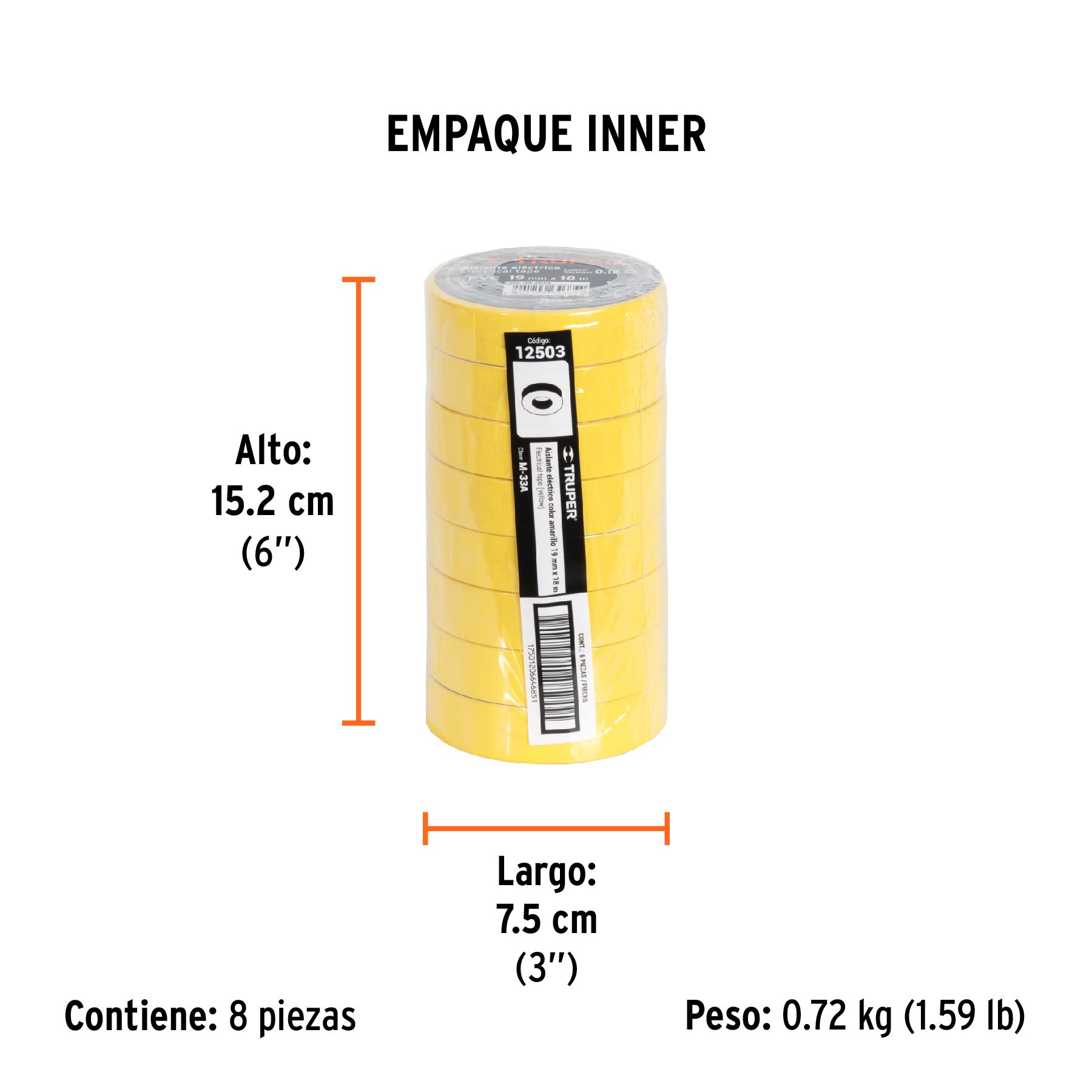Cinta de aislar de 18 m x 19 mm, amarilla, TRUPER TRUPER