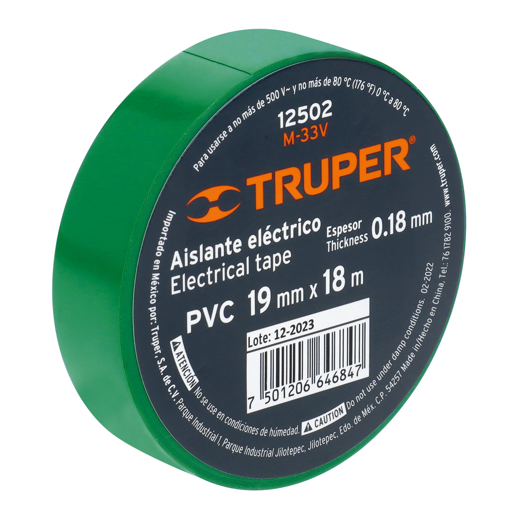 Cinta de aislar de 18 m x 19 mm, verde, TRUPER TRUPER