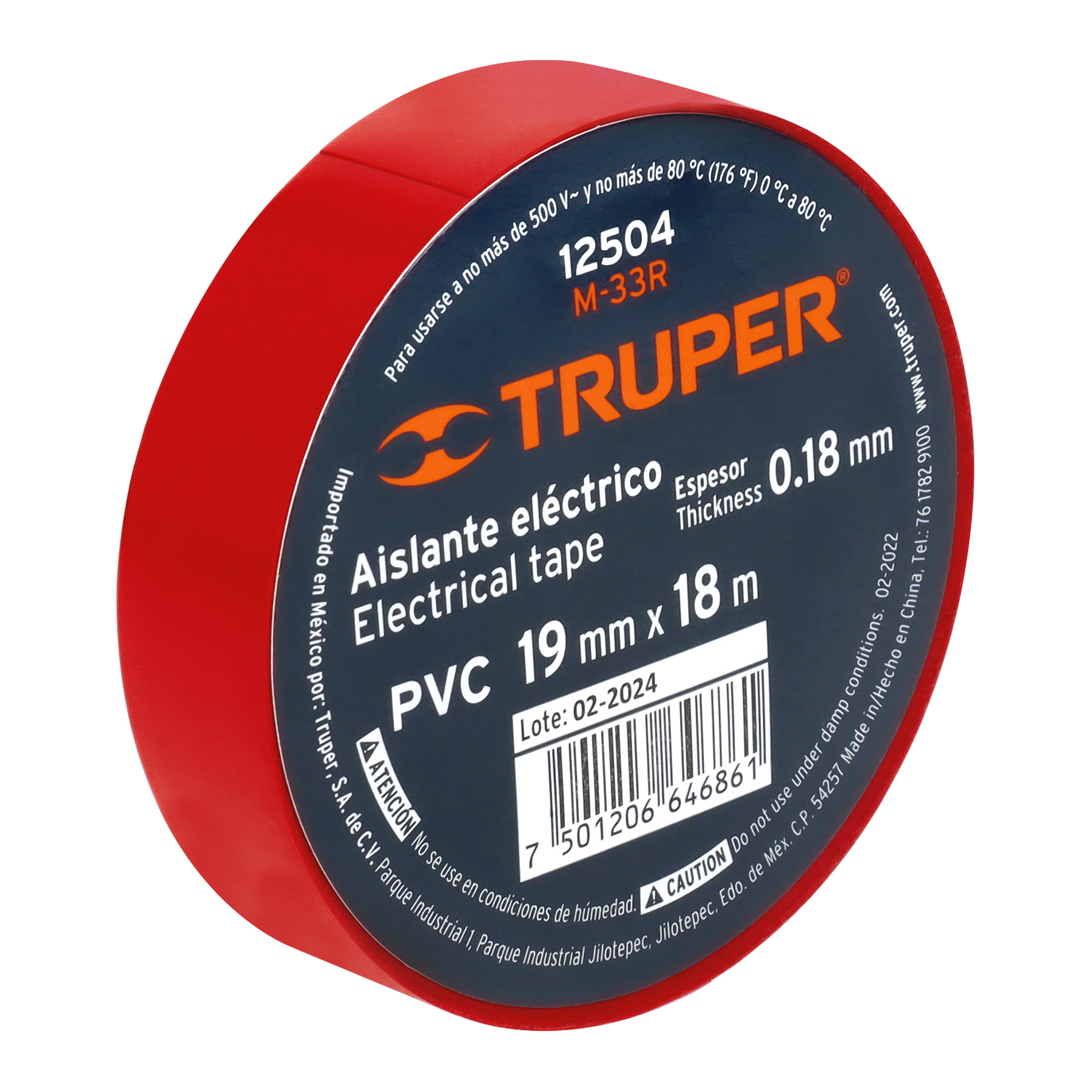 Cinta de aislar de 18 m x 19 mm, roja, TRUPER TRUPER