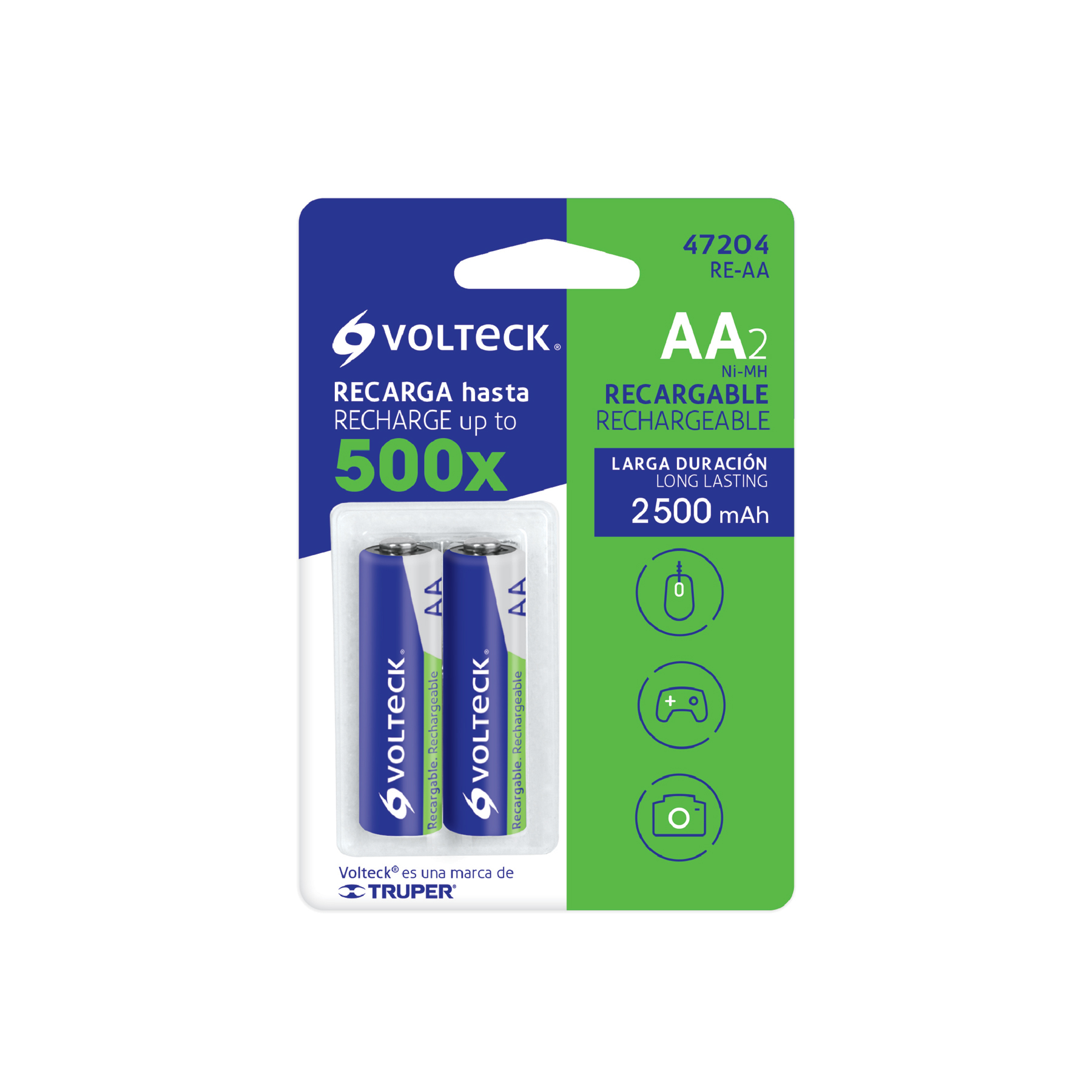 Blíster con 2 pilas recargables AA larga duración, 2500 mAh TRUPER