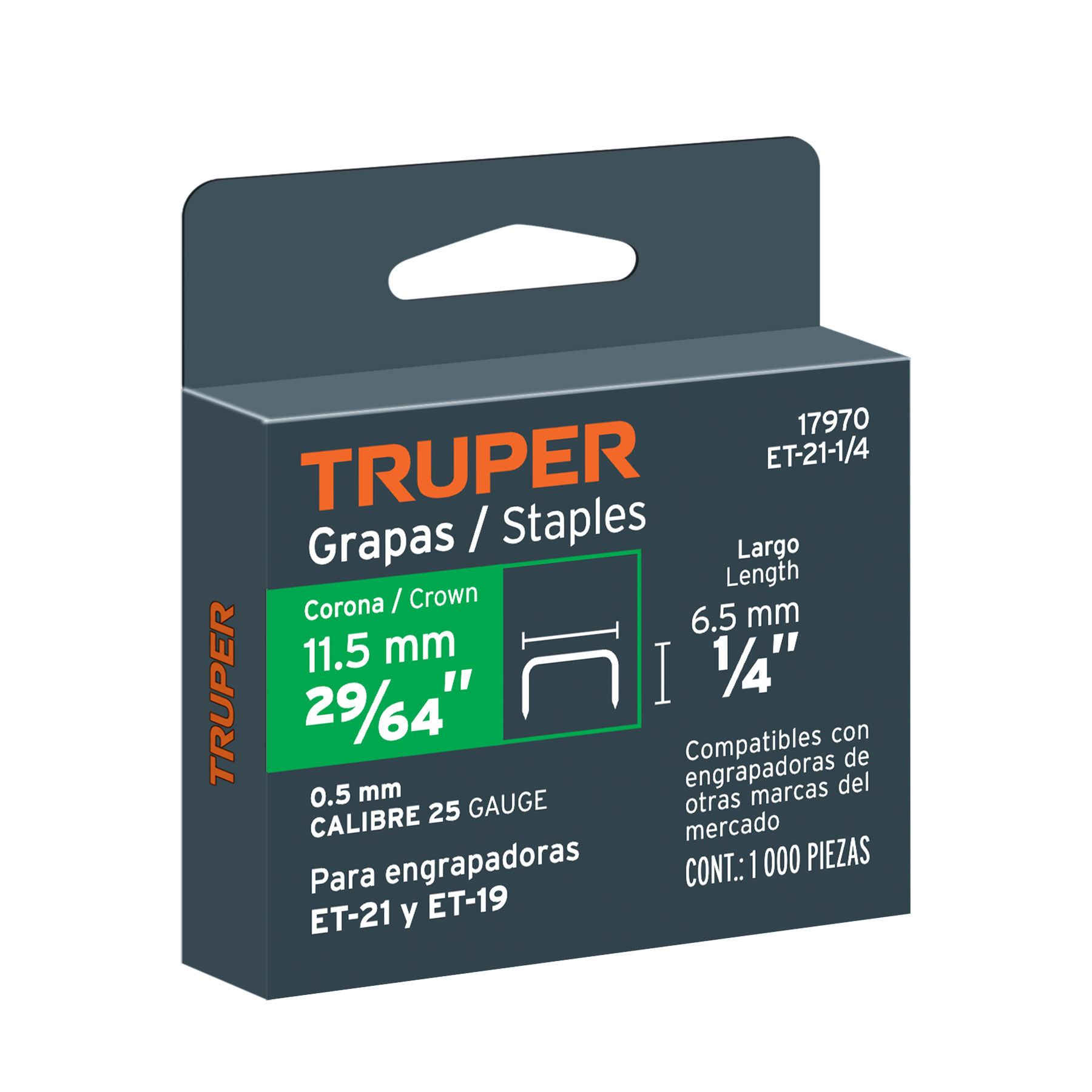 1000 grapas 1/4" corona 11.2 mm, para ET-21 y ET-19, TRUPER TRUPER