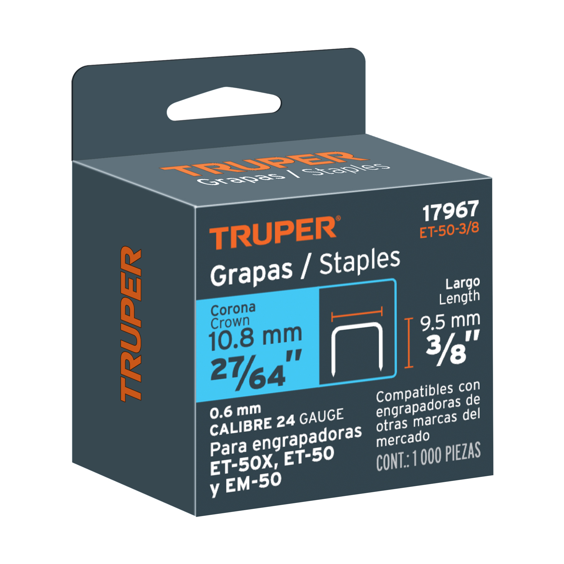 1000 grapas 3/8" corona 10.6mm, para ET-50X, ET-50 y EM-50 TRUPER