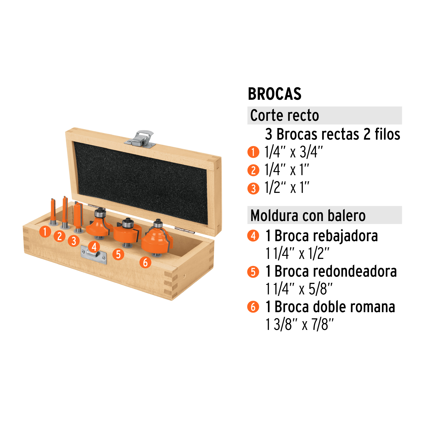 Juego de 6 brocas para router, TRUPER TRUPER