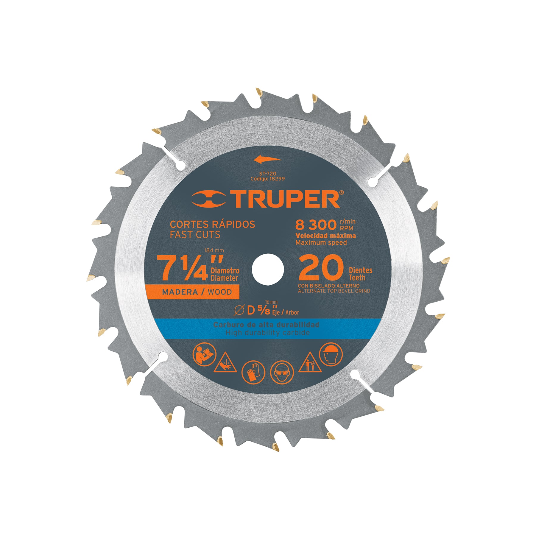 Disco sierra 7- 1/4" para madera, 20 dientes centro 5/8" TRUPER