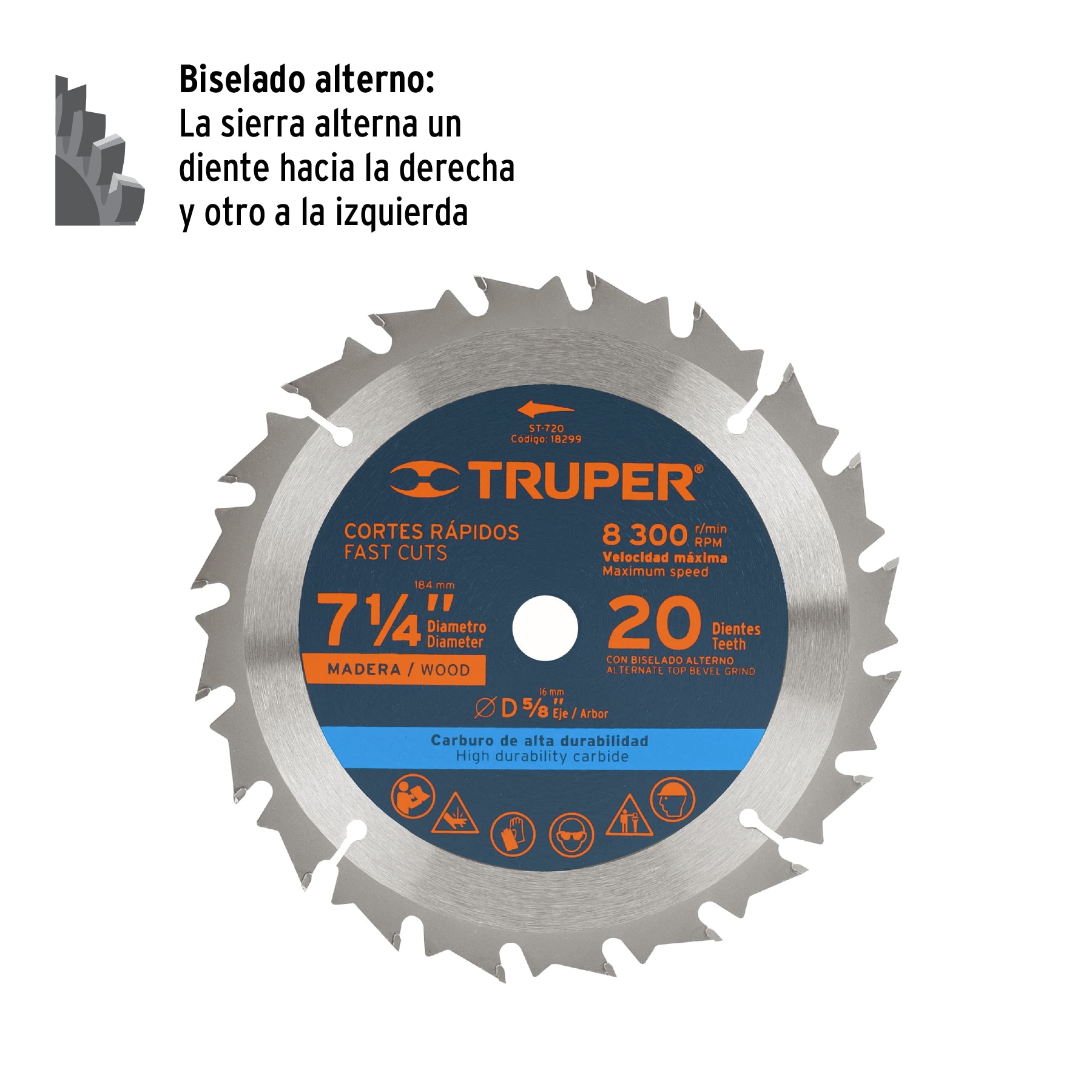 Disco sierra 7- 1/4" para madera, 20 dientes centro 5/8" TRUPER