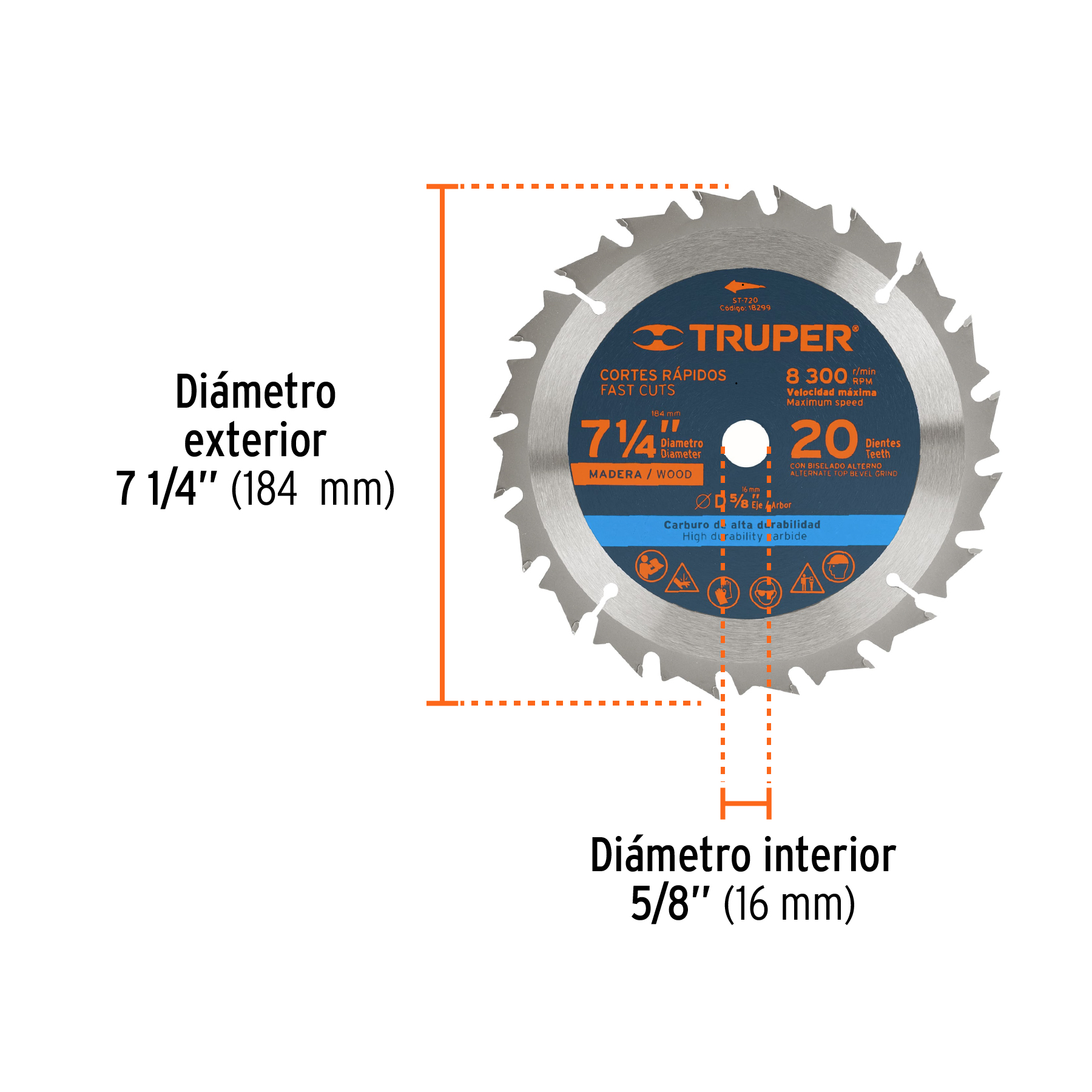 Disco sierra 7- 1/4" para madera, 20 dientes centro 5/8" TRUPER