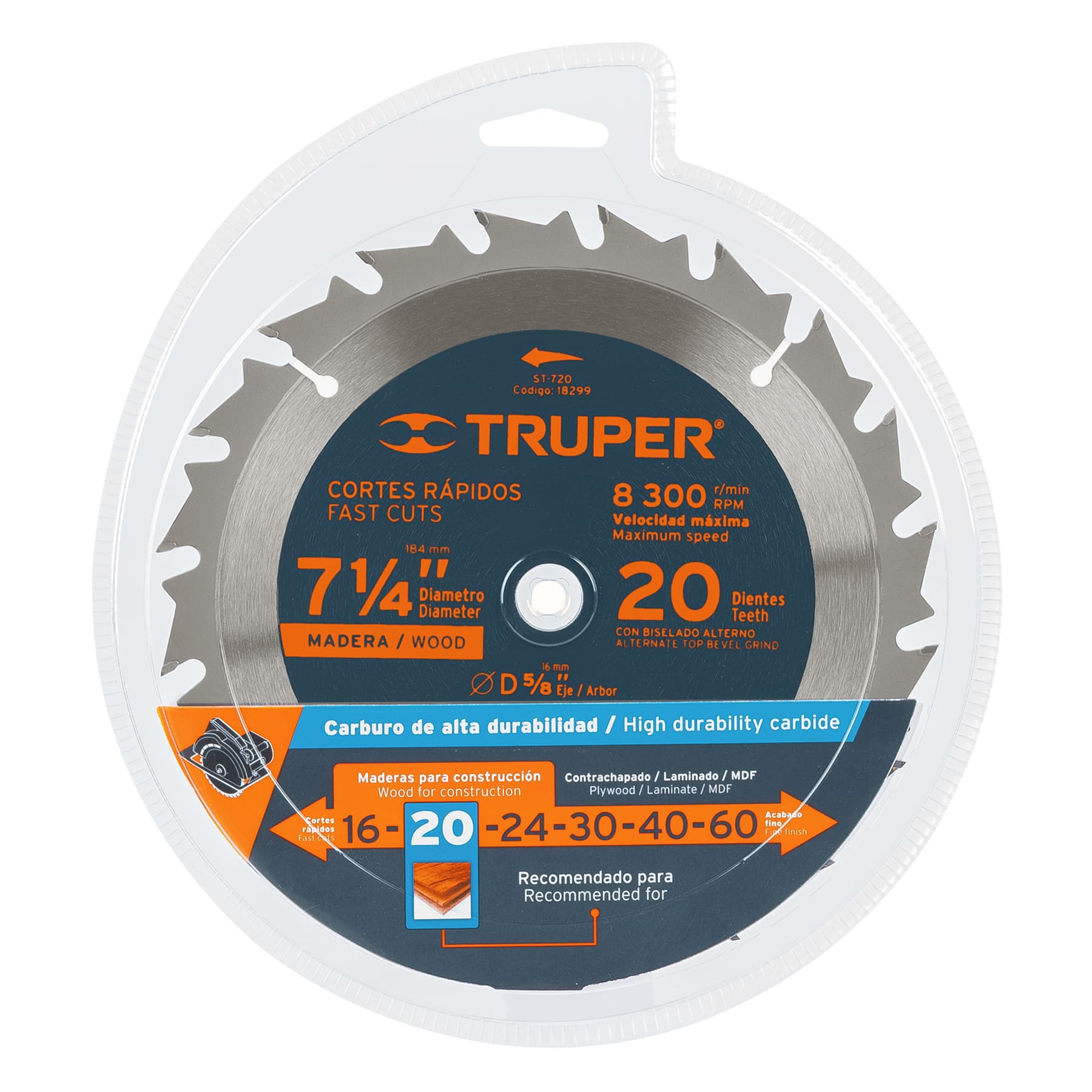 Disco sierra 7- 1/4" para madera, 20 dientes centro 5/8" TRUPER