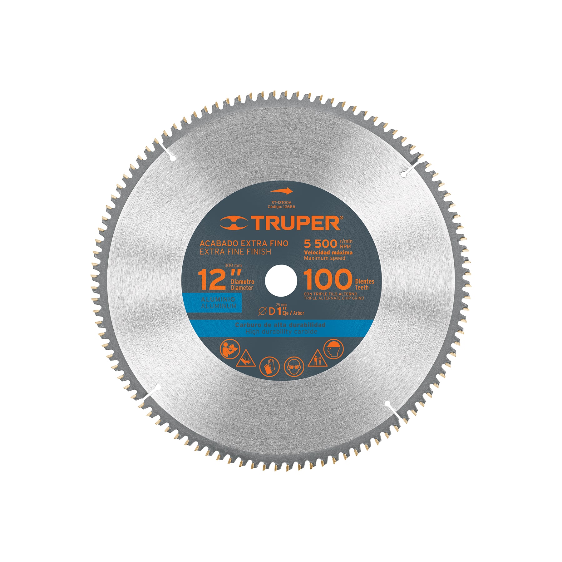 Disco sierra 12" para aluminio, 100 dientes centro 1" TRUPER
