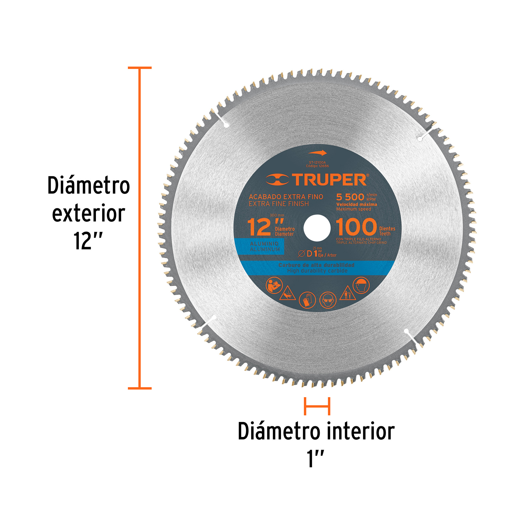 Disco sierra 12" para aluminio, 100 dientes centro 1" TRUPER