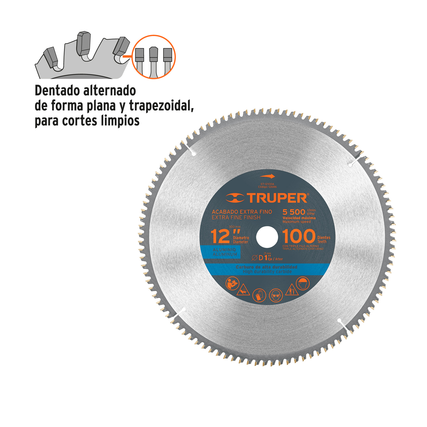 Disco sierra 12" para aluminio, 100 dientes centro 1" TRUPER