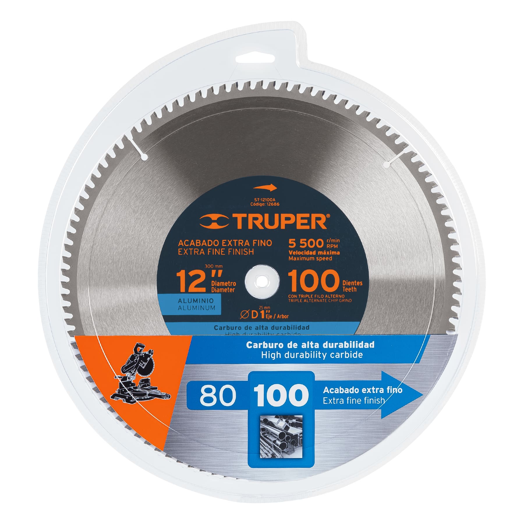 Disco sierra 12" para aluminio, 100 dientes centro 1" TRUPER