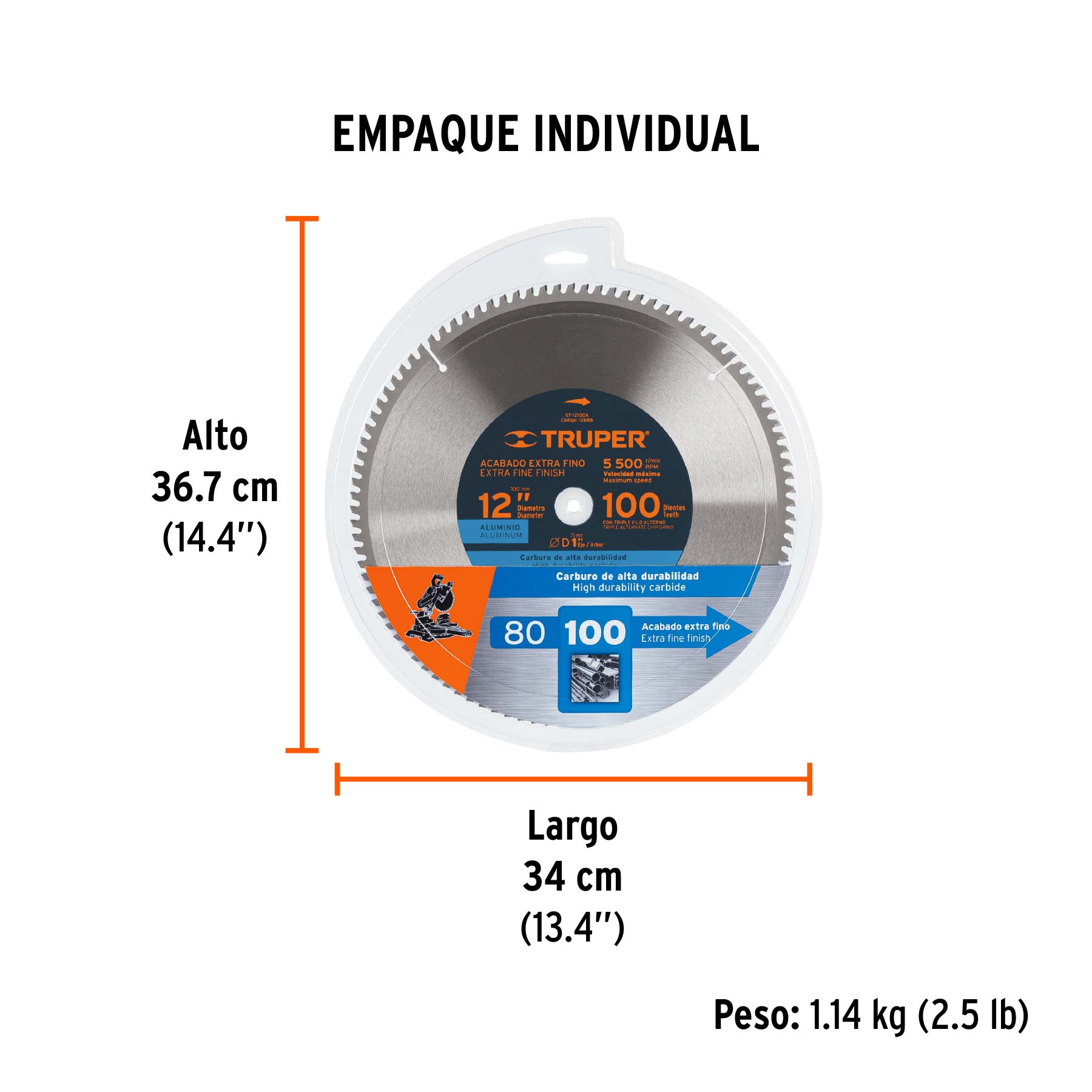 Disco sierra 12" para aluminio, 100 dientes centro 1" TRUPER